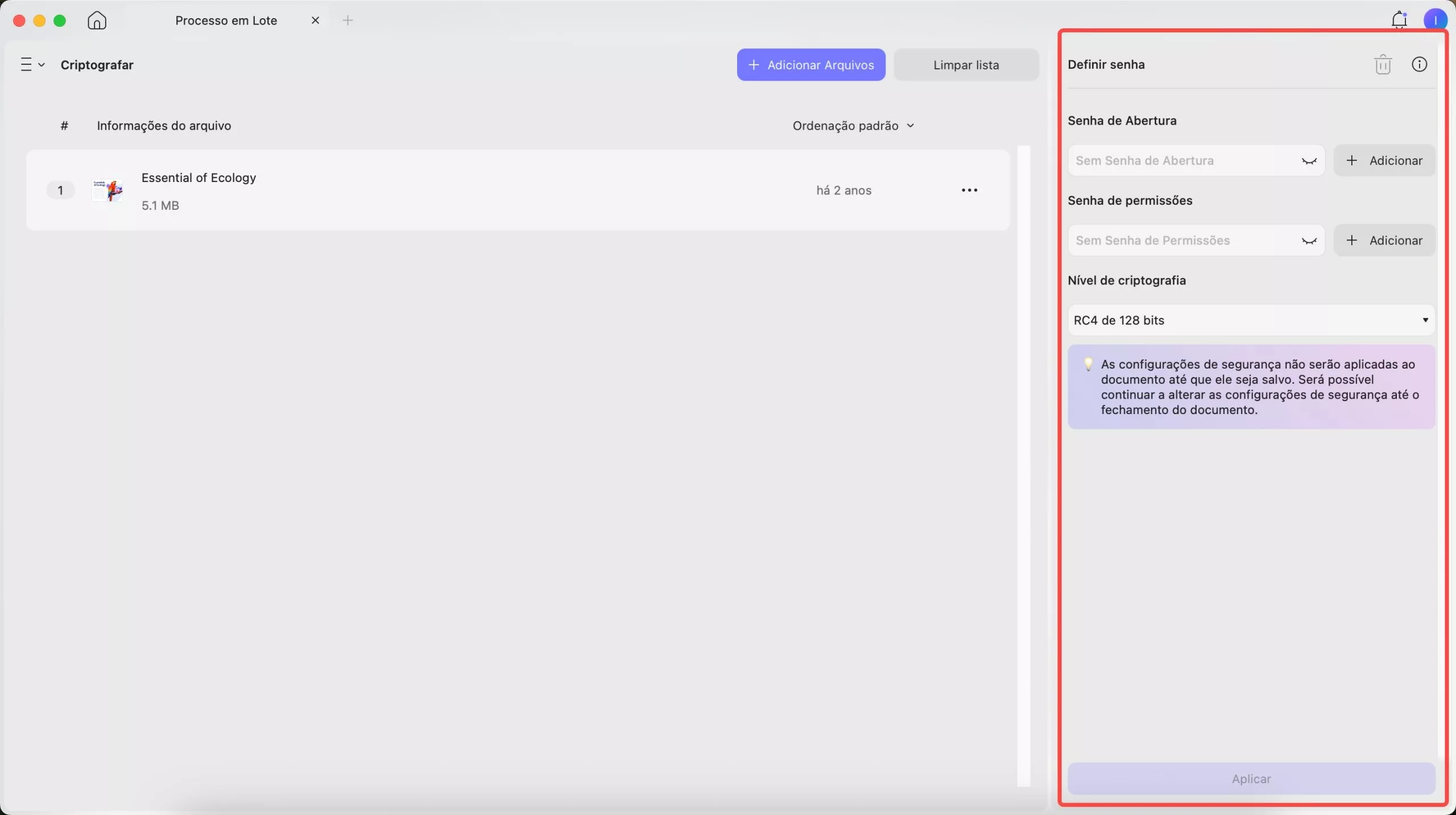adicionar arquivos para criptografia em lote updf mac