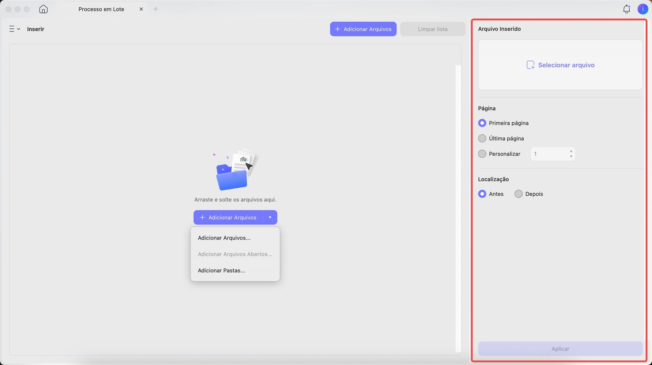 adicionar arquivos para inserção em lote updf mac