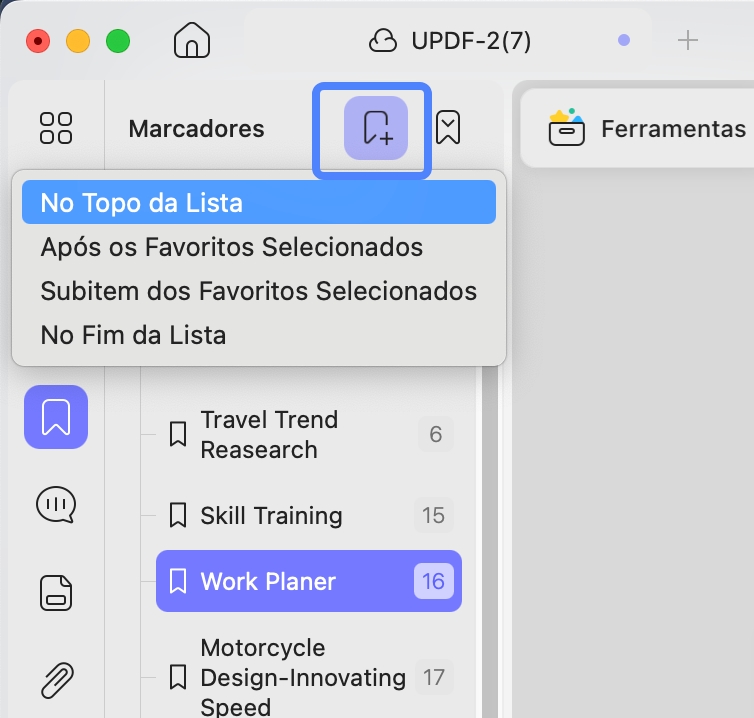 adicionar marcador ao pdf com updf