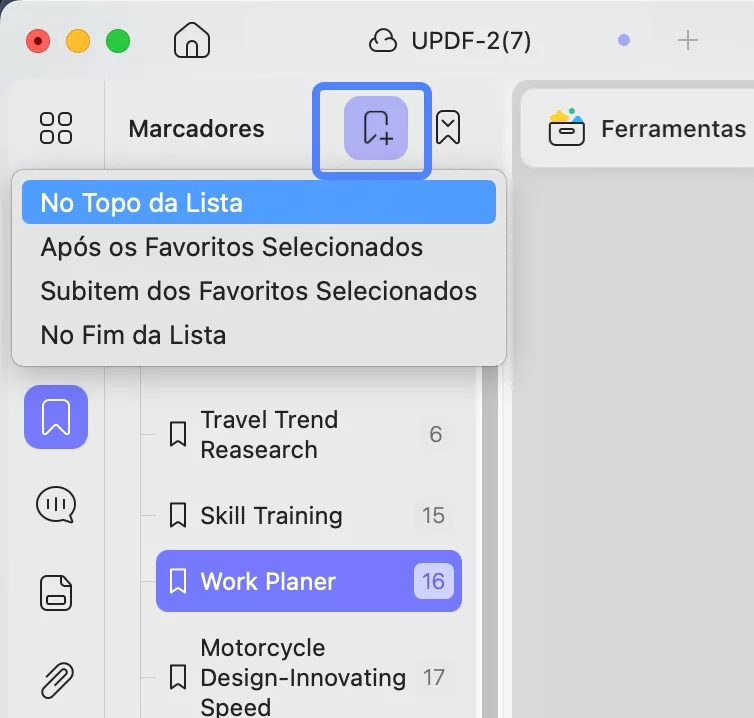 adicionar marcador ao pdf com updf