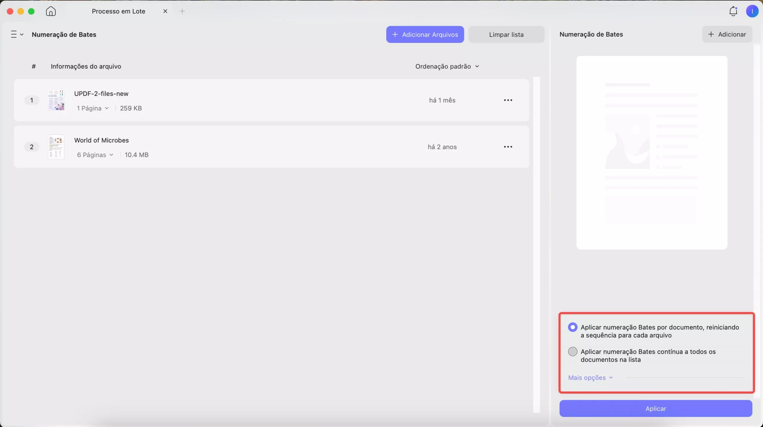 adicionar numeração Bates no batch updf mac