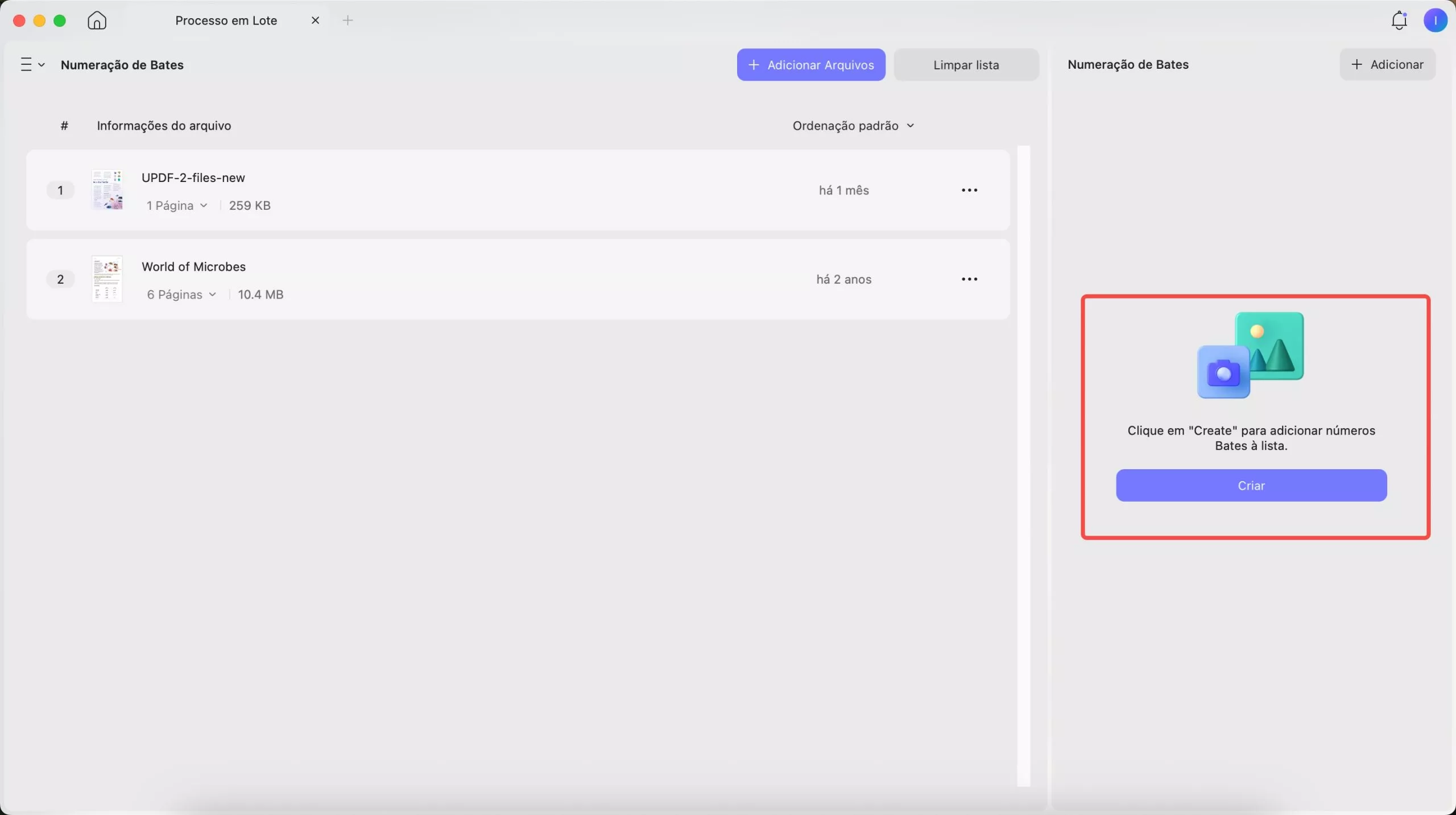 adicionar numeração de Bates em lote updf mac