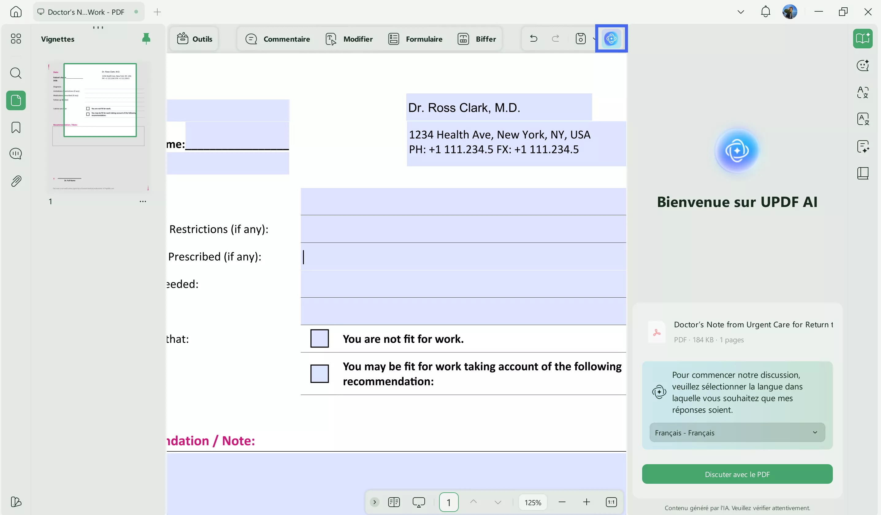 enter a prompt to generate doctor note with updf ai