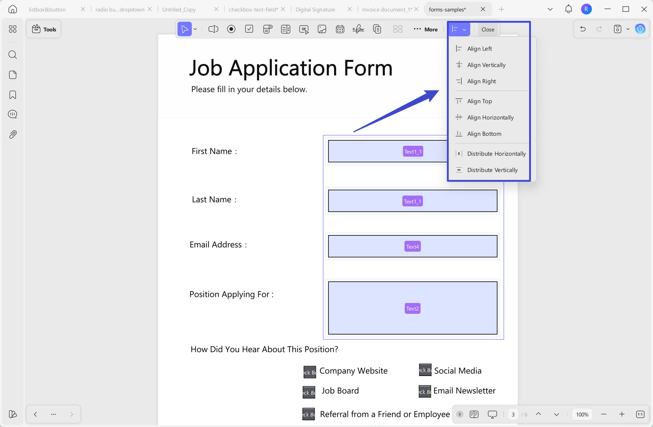 Align elements in the PDF form with UPDF on Windows