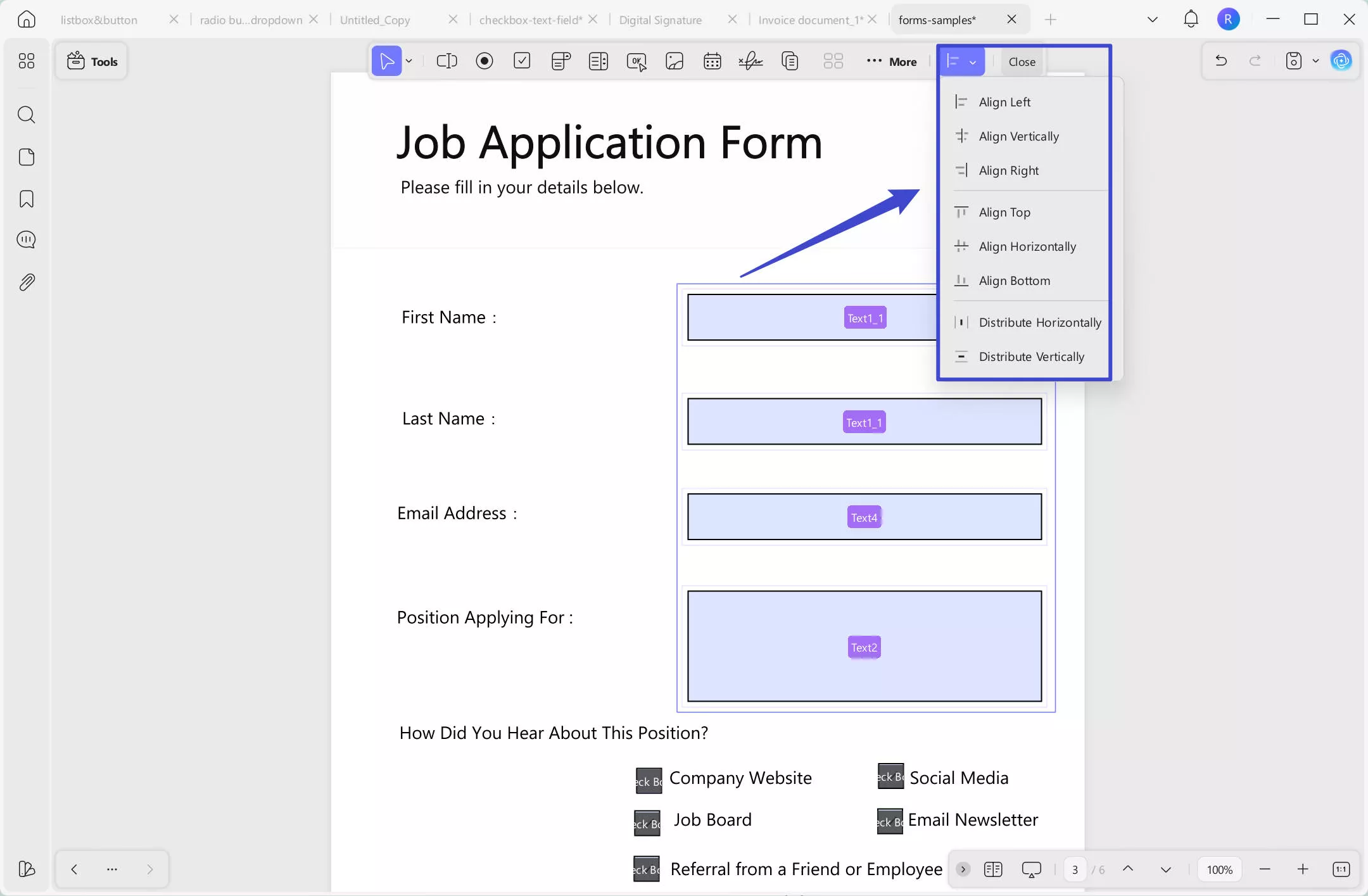 Align elements in the PDF form with UPDF on Windows