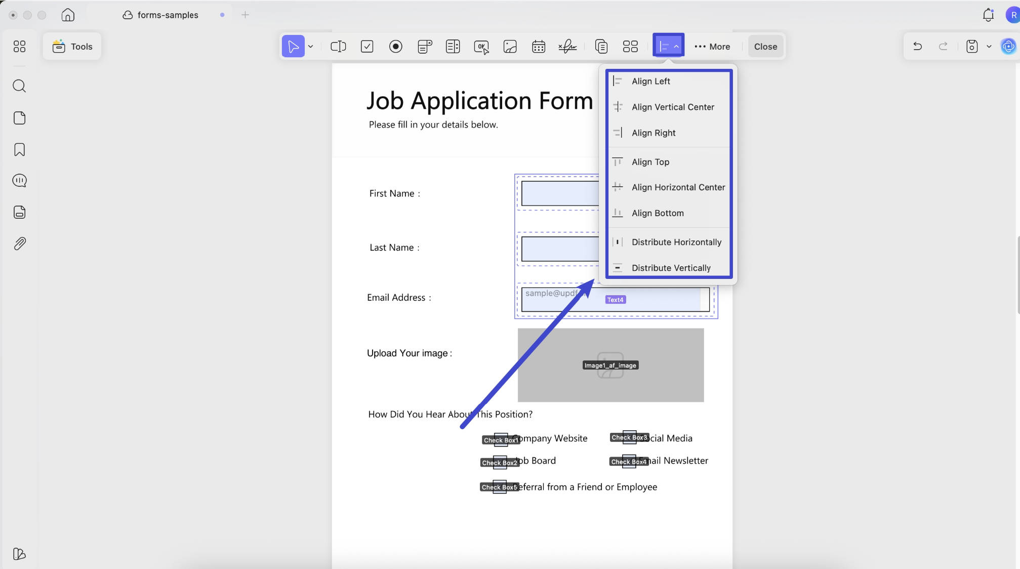 Align Fields with updf on mac