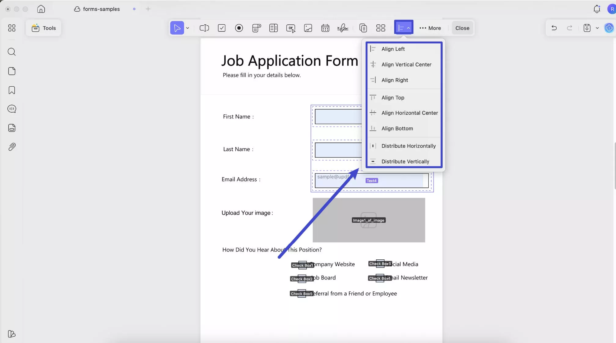 Align Fields with updf on mac
