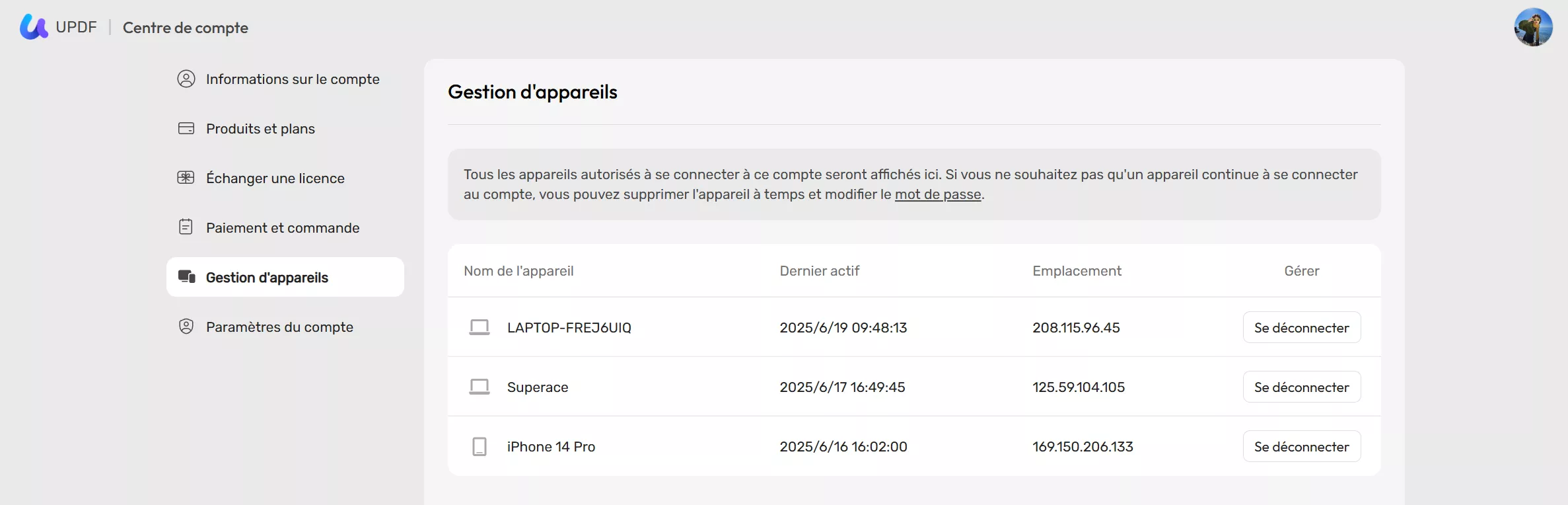 appareils de UPDF