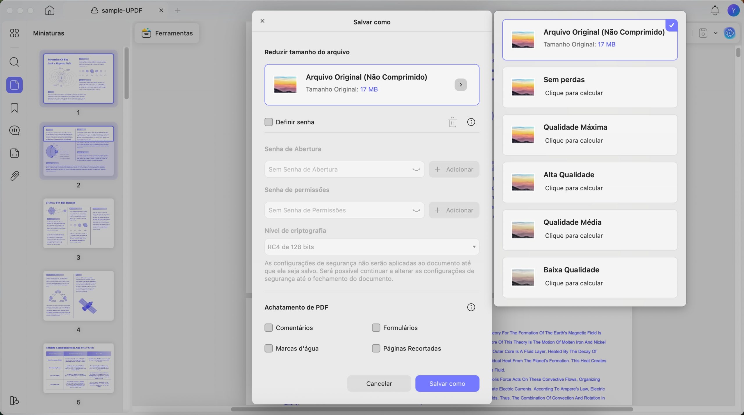 escolha a qualidade para compactar updf mac
