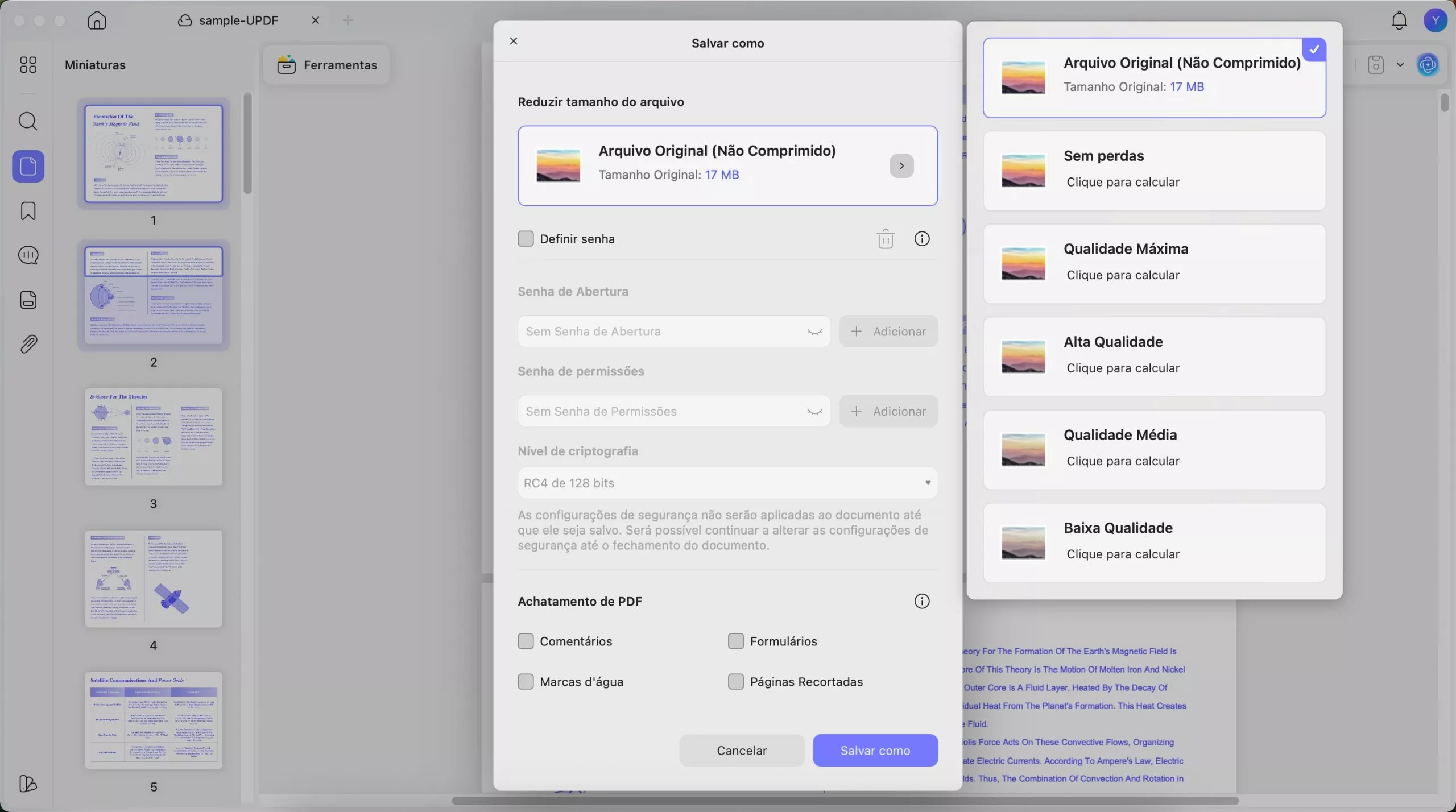 escolha a qualidade para compactar updf mac