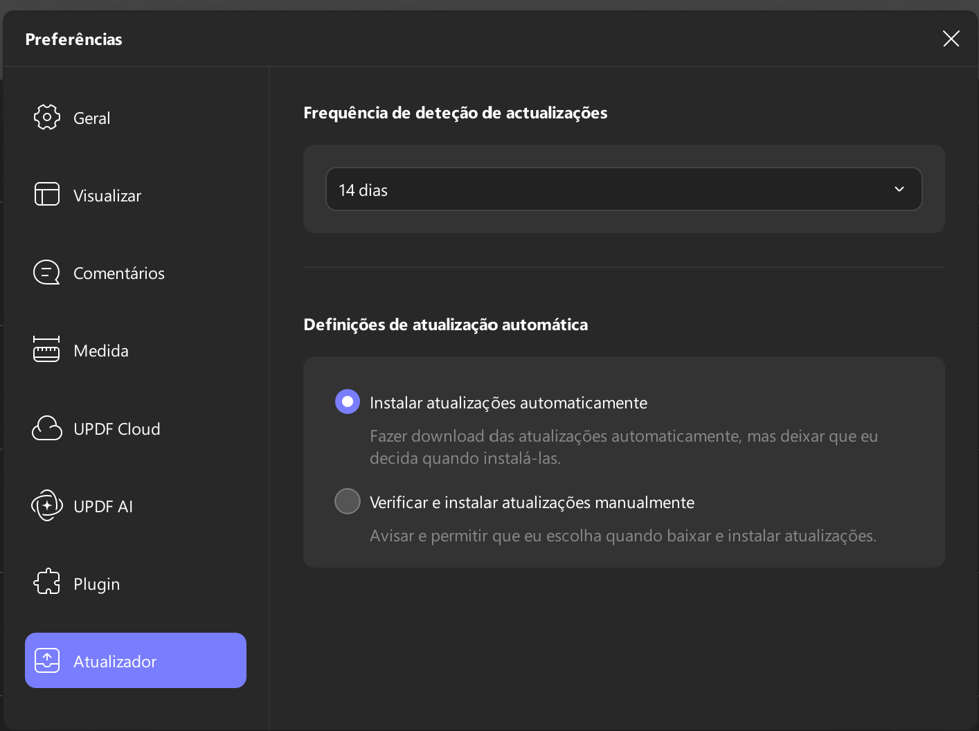 preferências do atualizador updf windows
