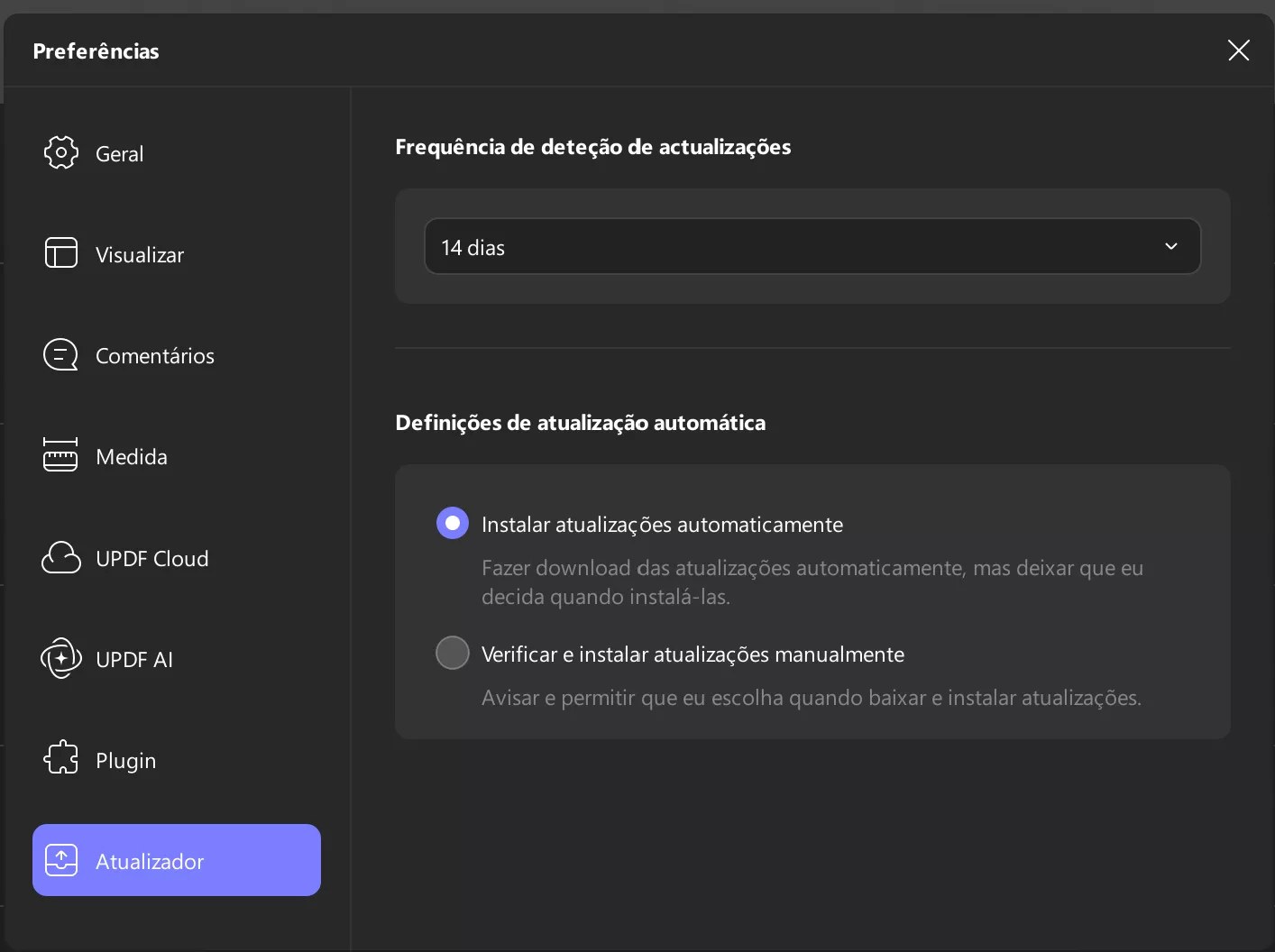 preferências do atualizador updf windows