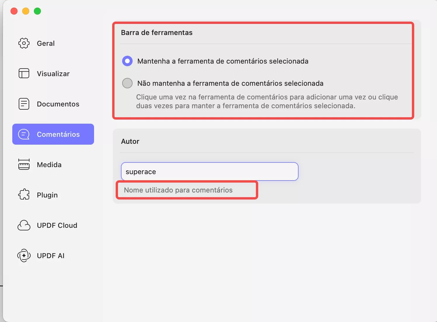 preferências de comentários updf mac