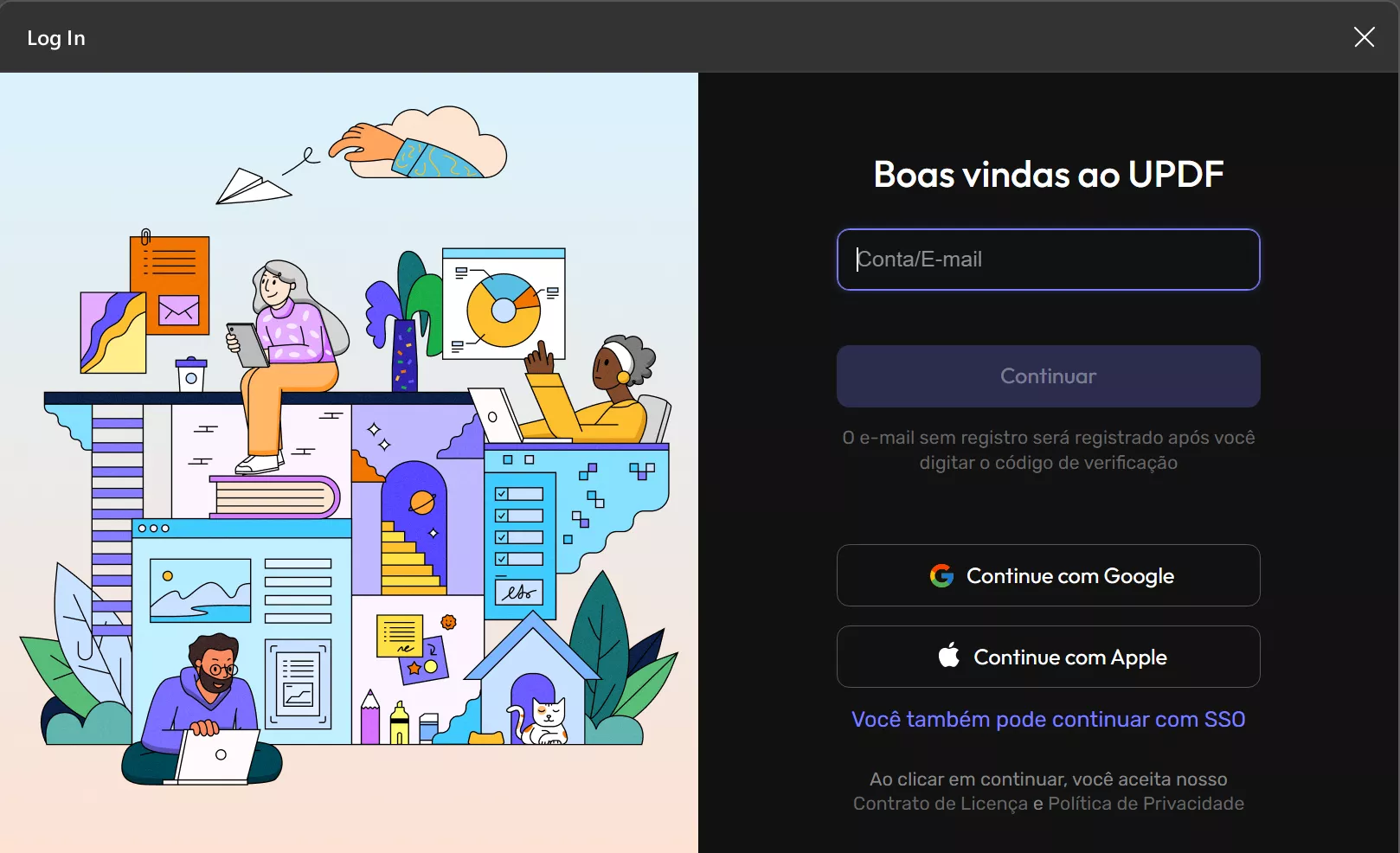 faça login na conta updf