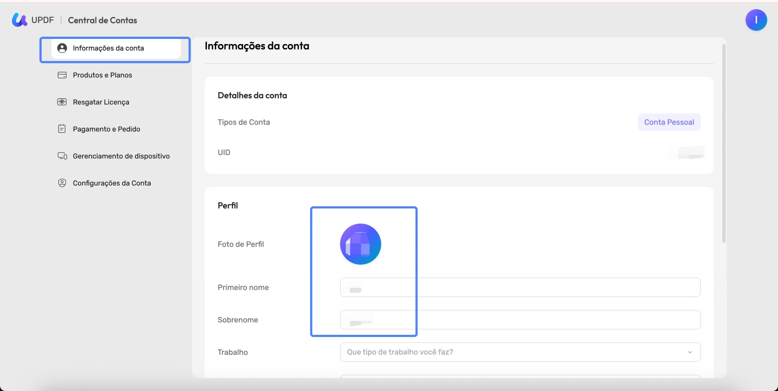 informações da conta
