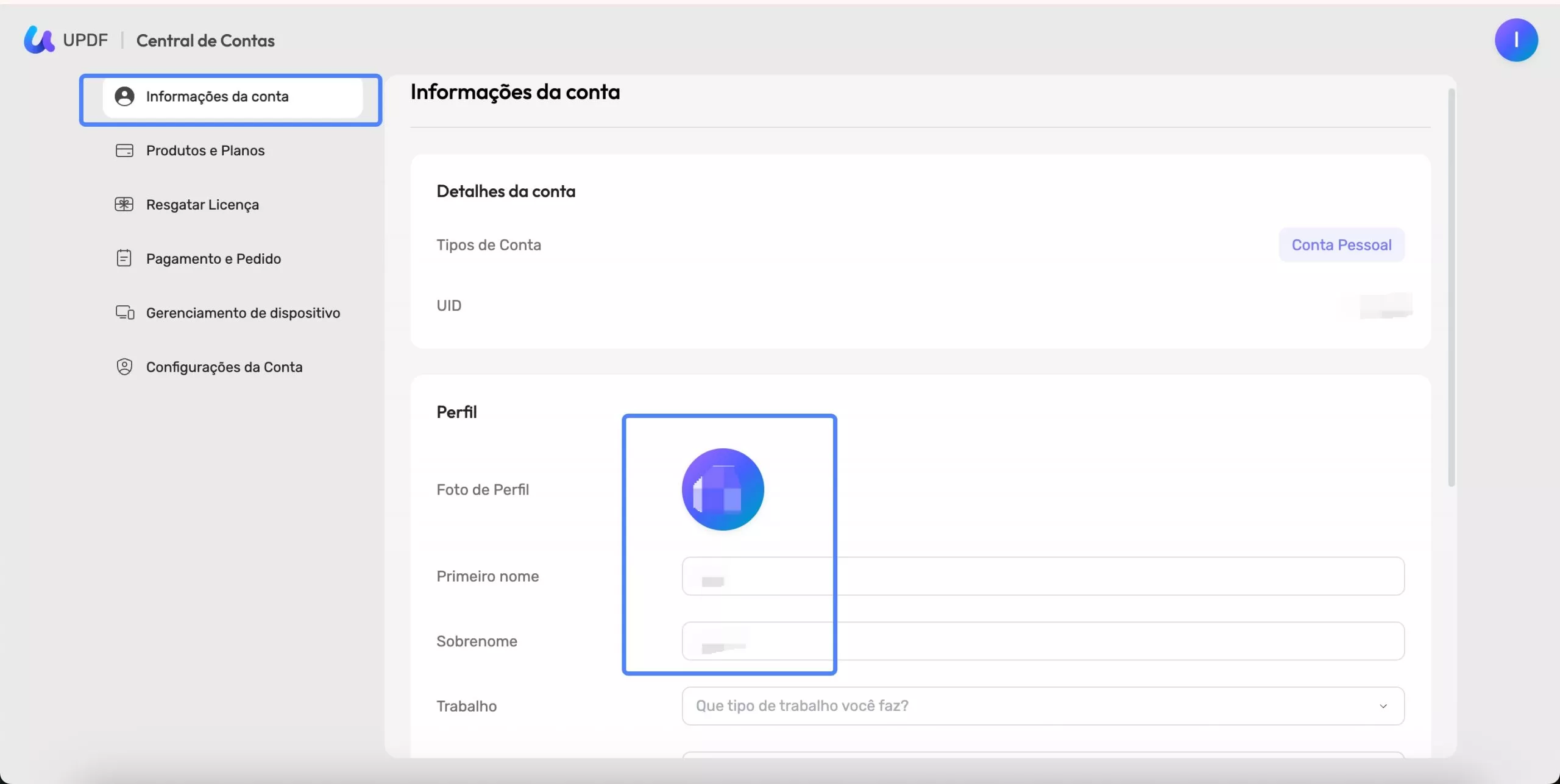 informações da conta