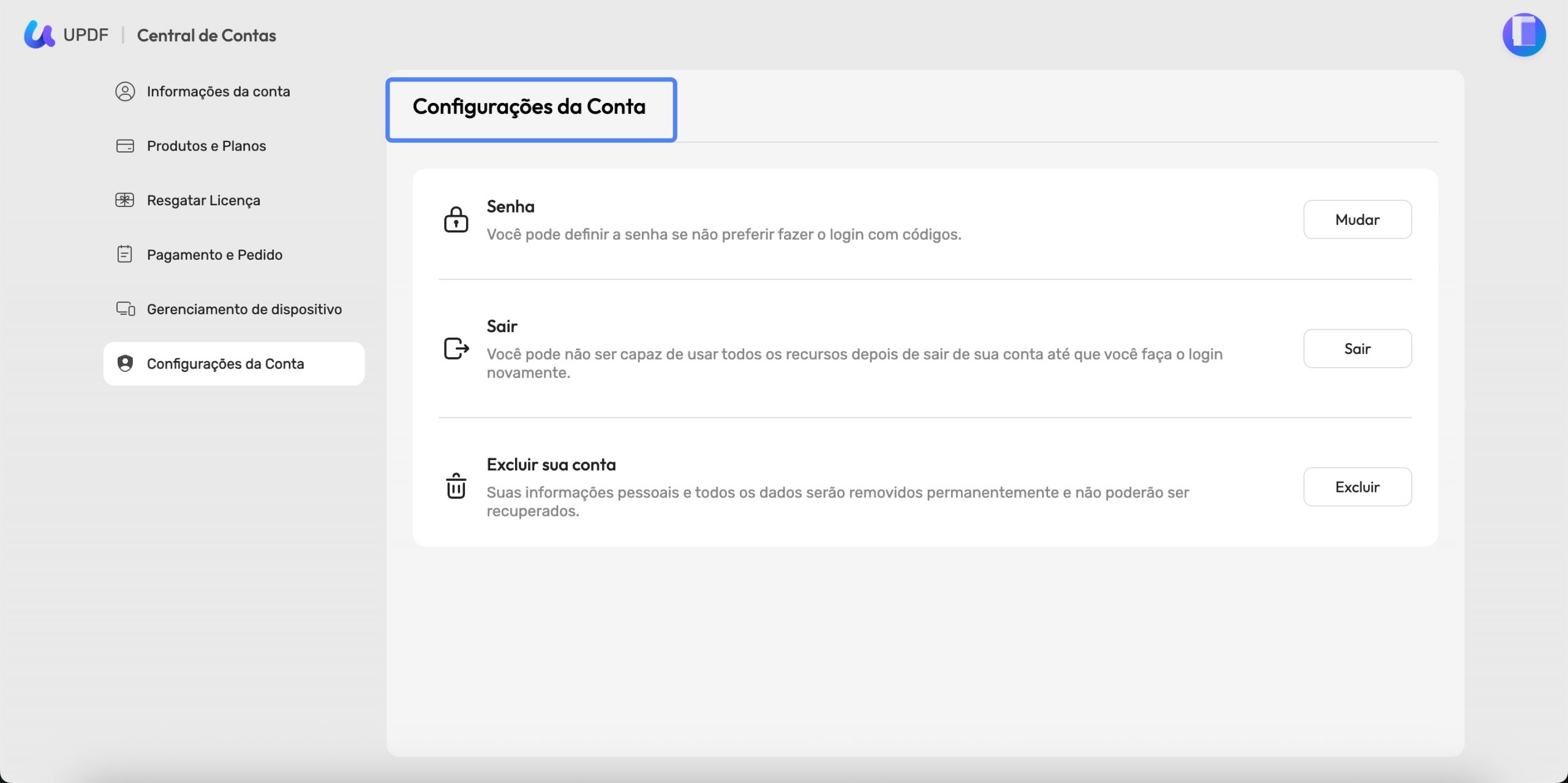 Configurações da Conta
