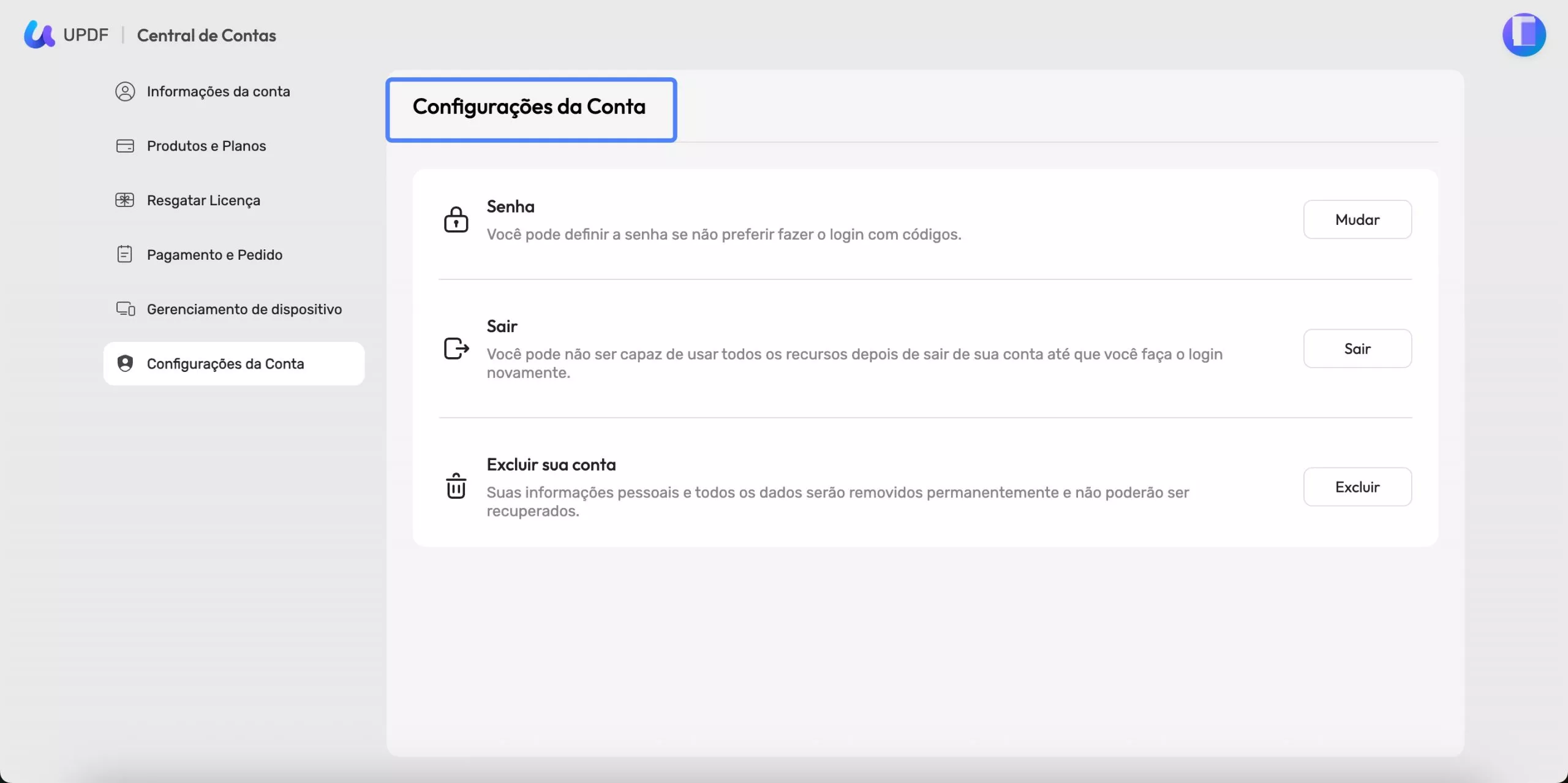 Configurações da Conta