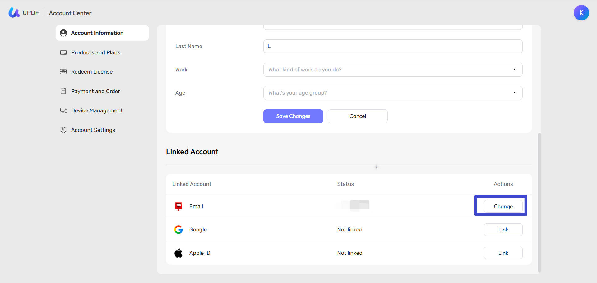 change linked account in updf