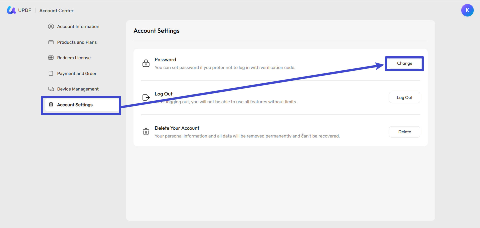 change password in updf