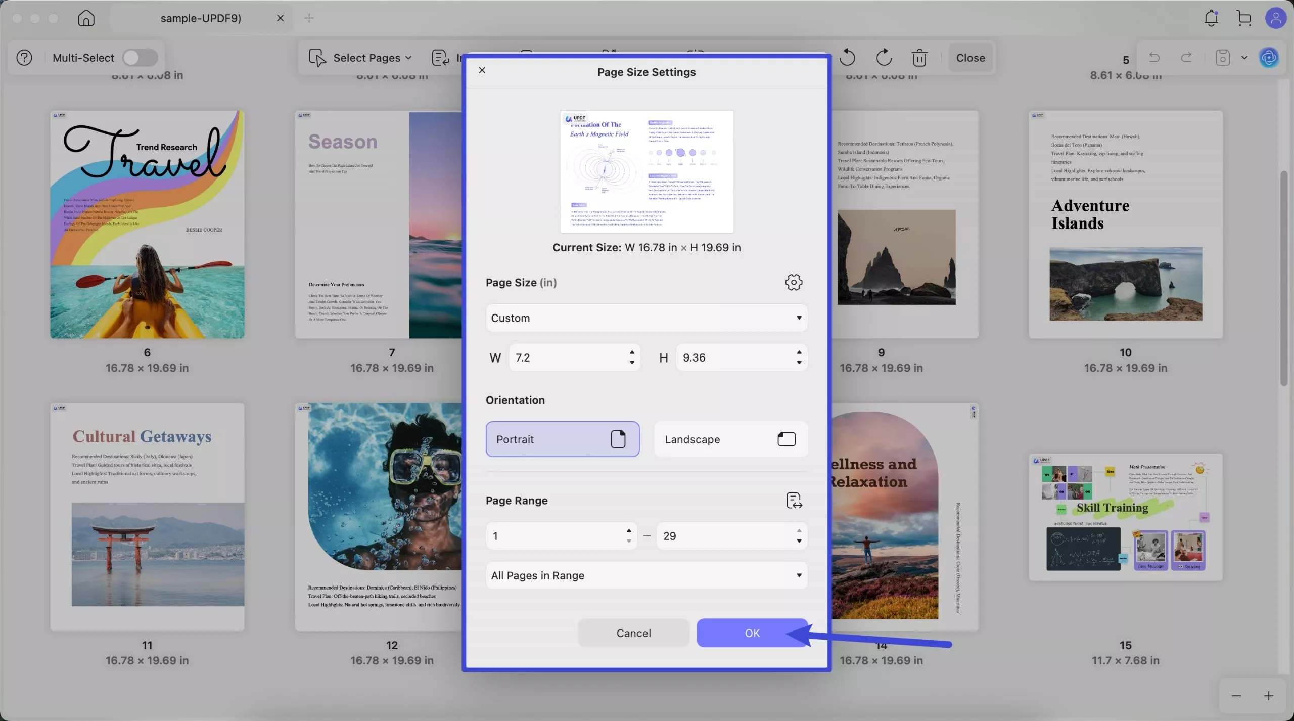 change the page size updf mac
