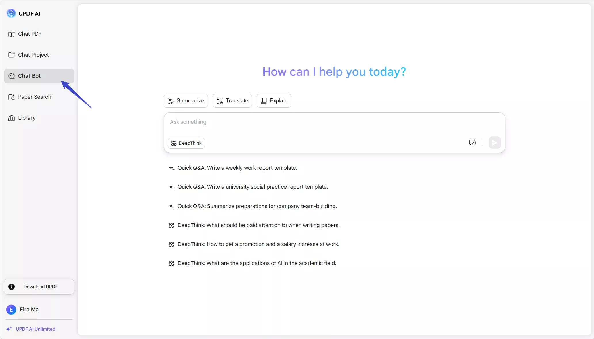 enter promts in chatbot mode updf ai online