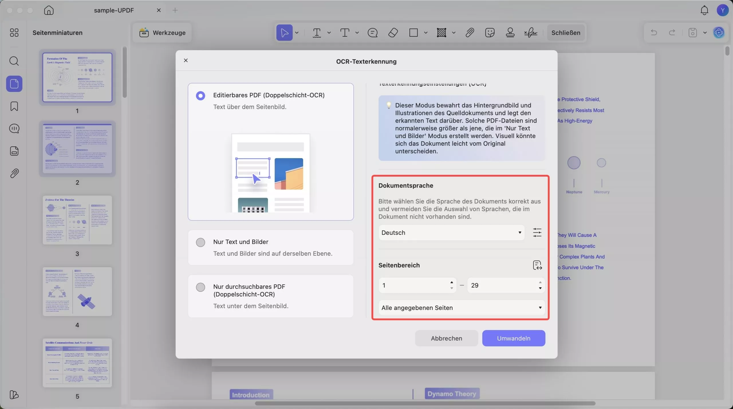 Sprache und andere Einstellungen für OCR UPDF Mac auswählen