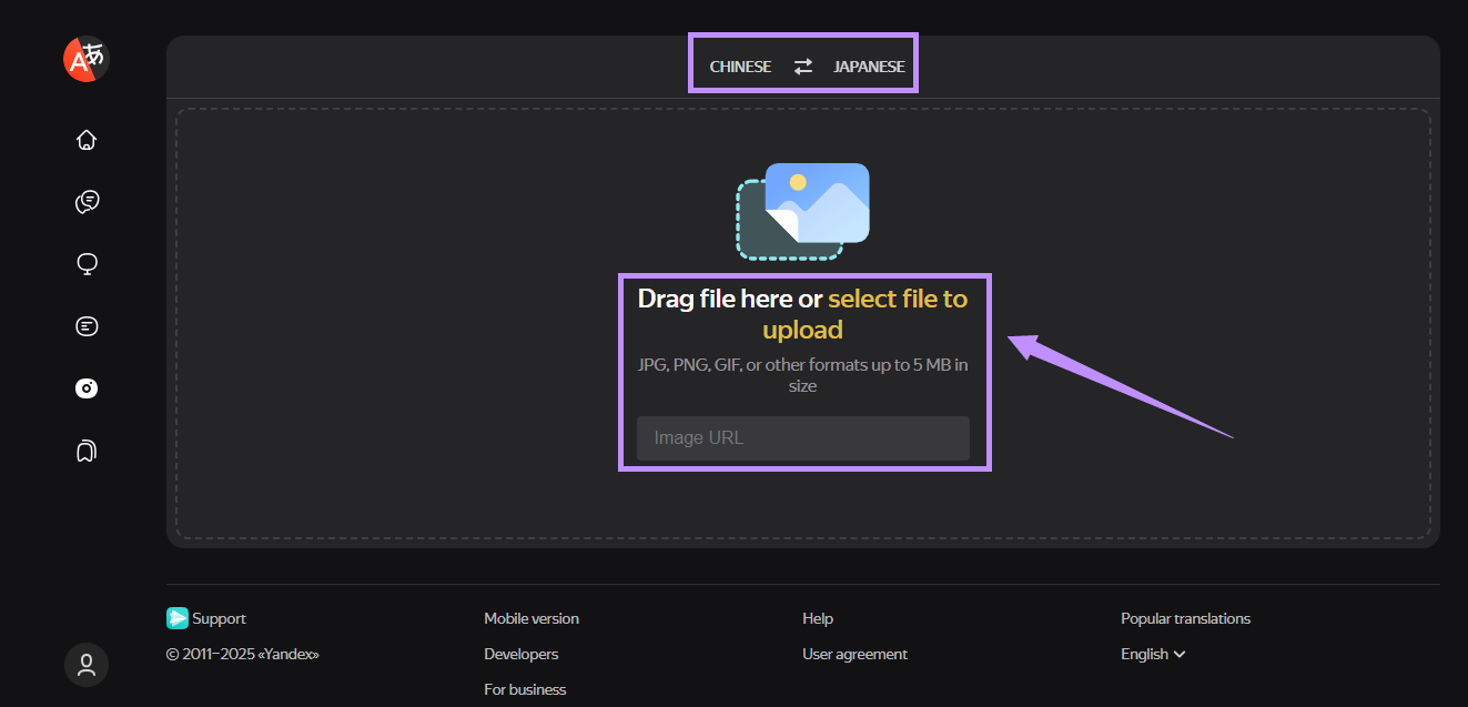Wählen Sie Sprachen und laden Sie Dateien hoch Yandex Translate
