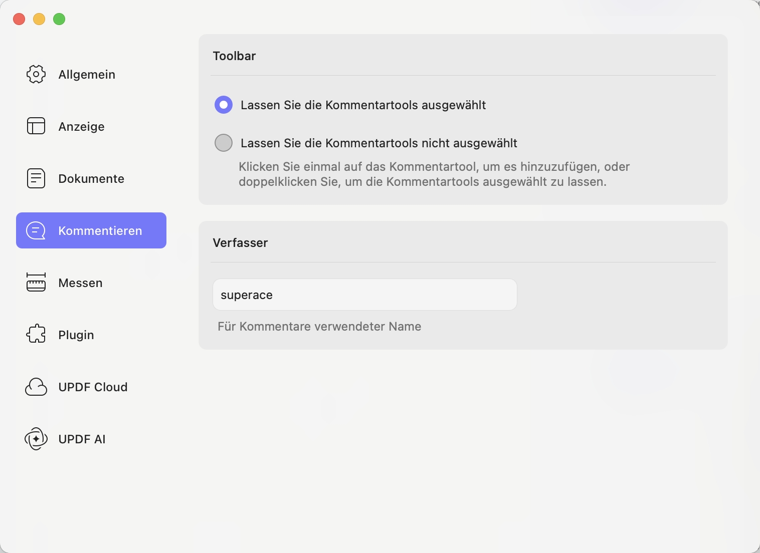 Kommentar-Einstellungen updf mac