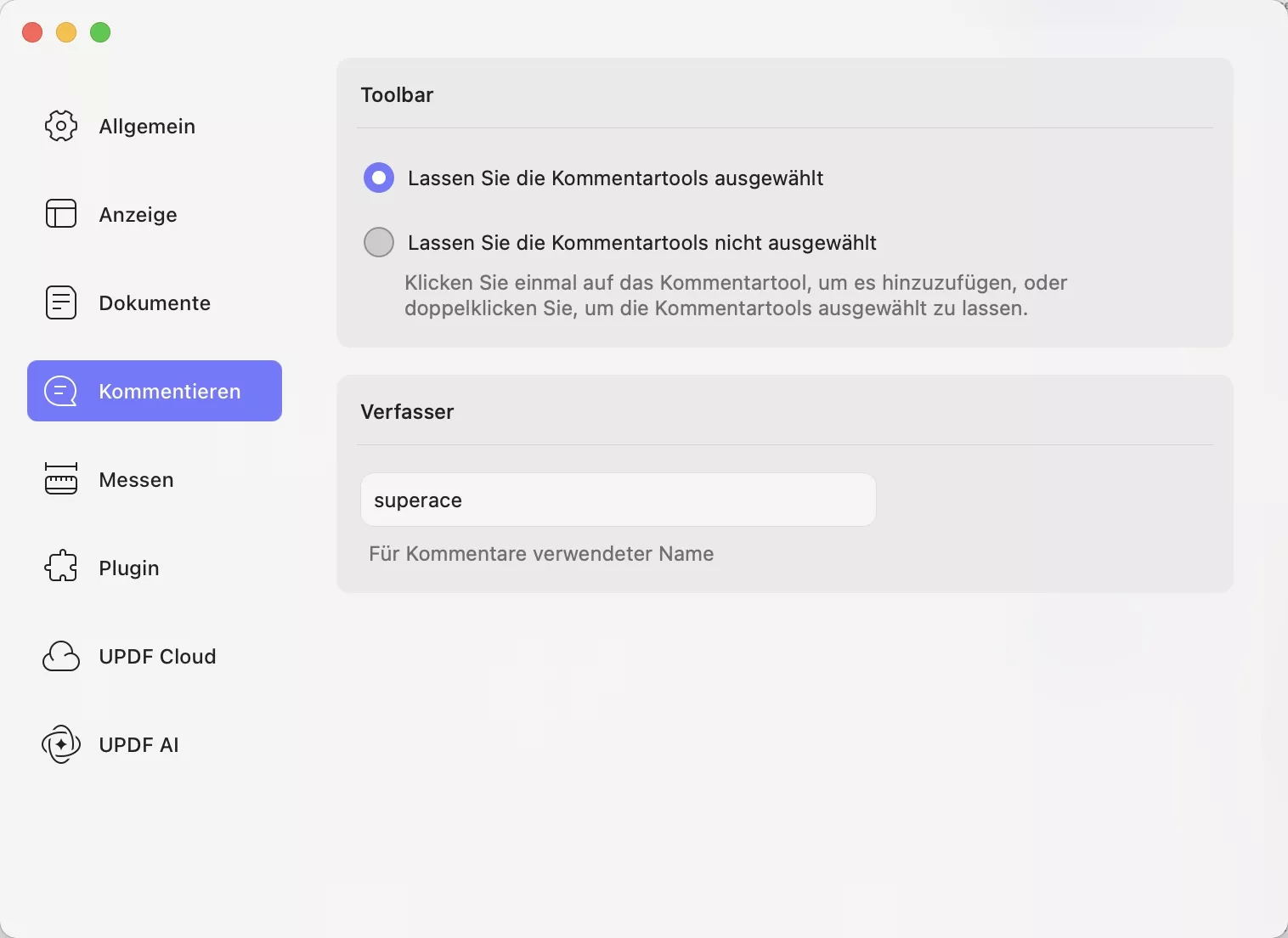 Kommentar-Einstellungen updf mac