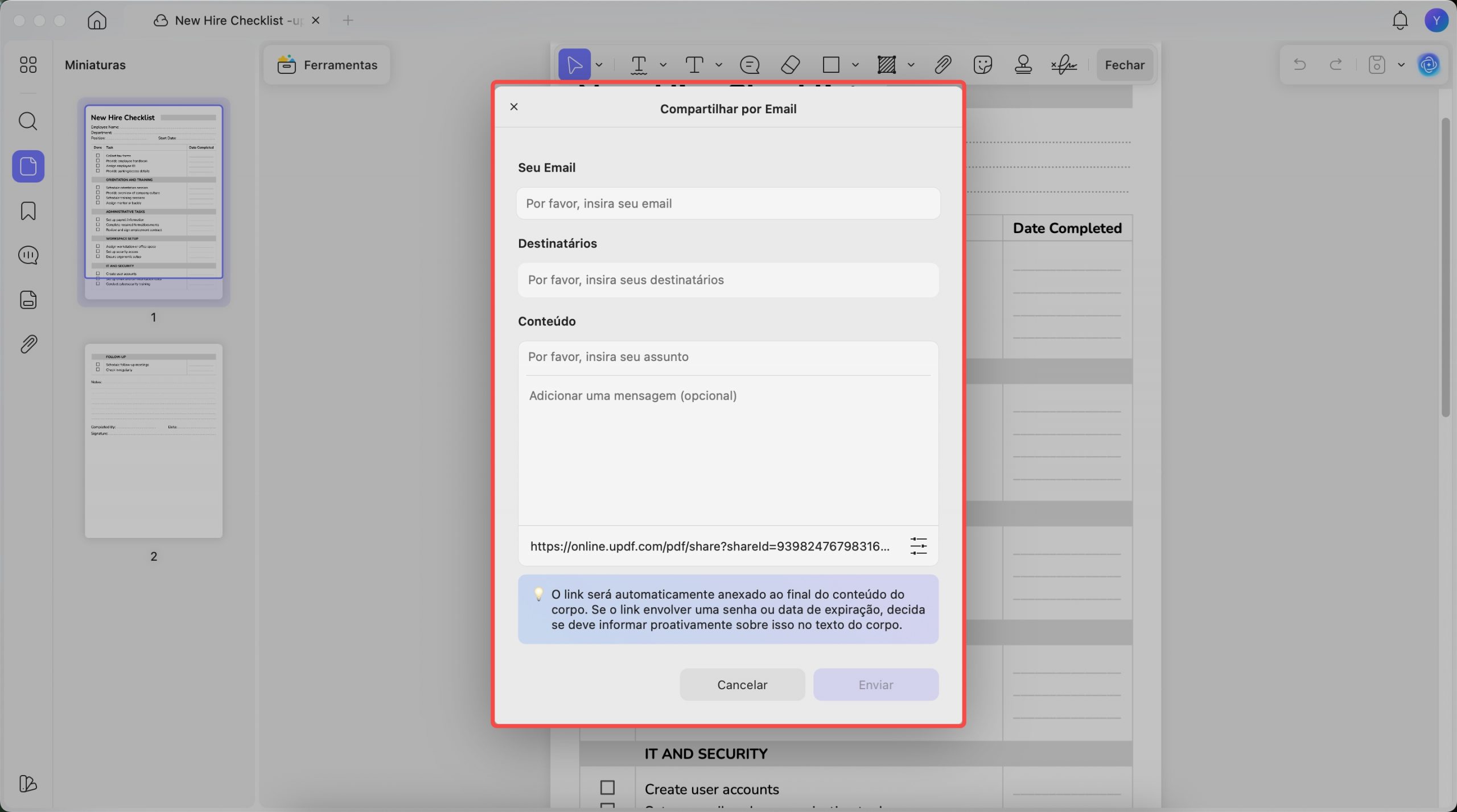 enviar e-mail via updf mac