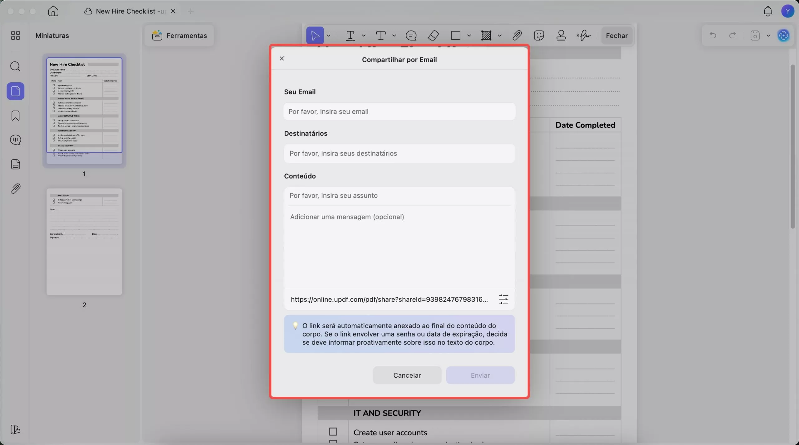 enviar e-mail via updf mac