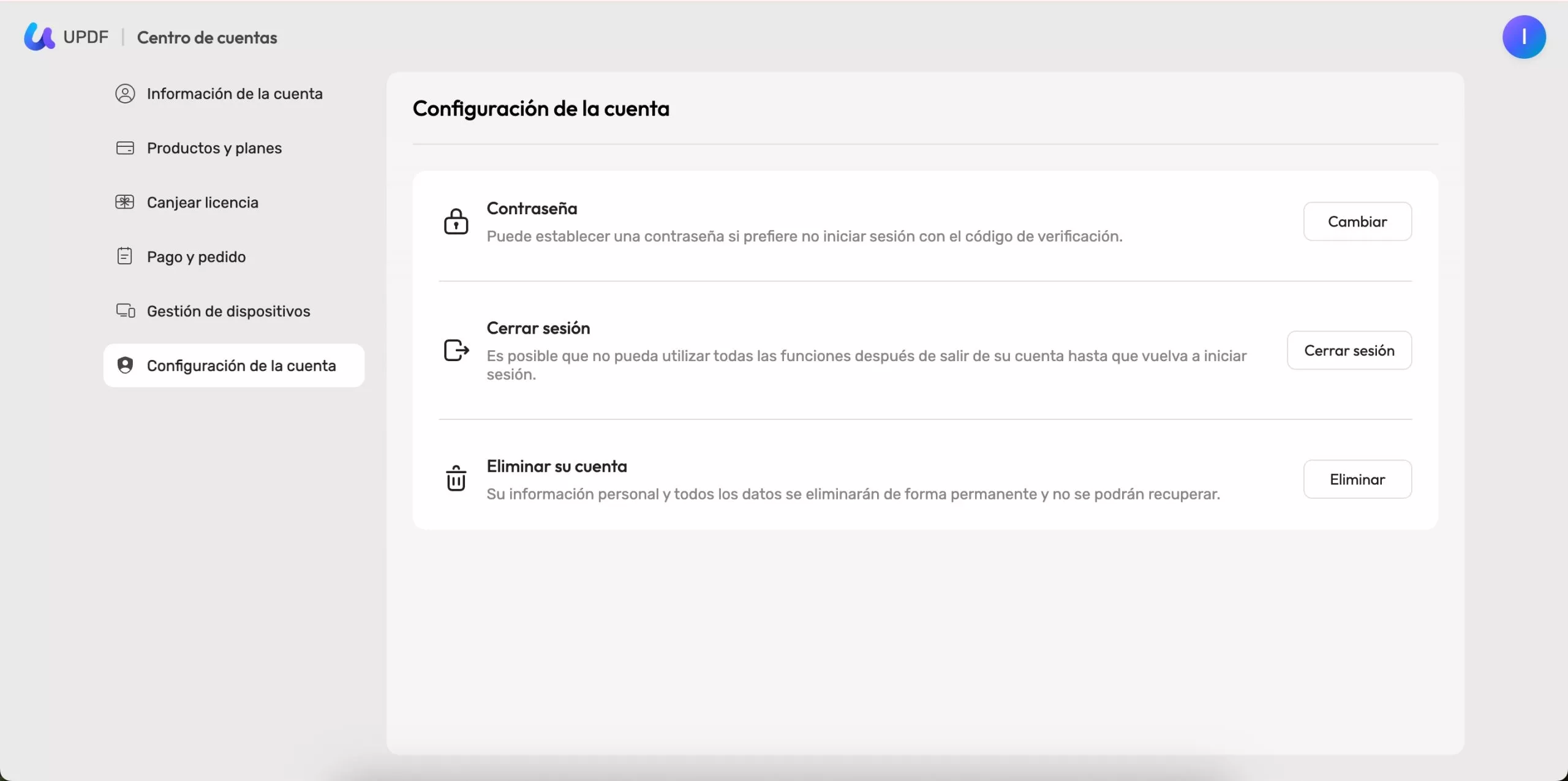 configuración de la cuenta