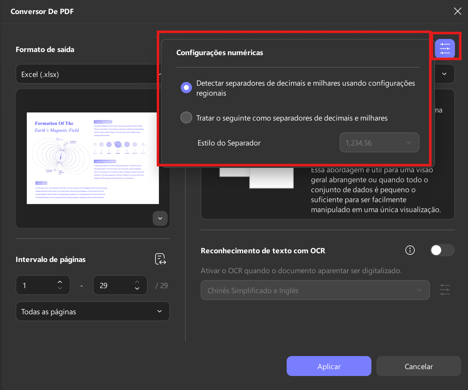ajustar configurações numéricas para arquivo excel updf windows