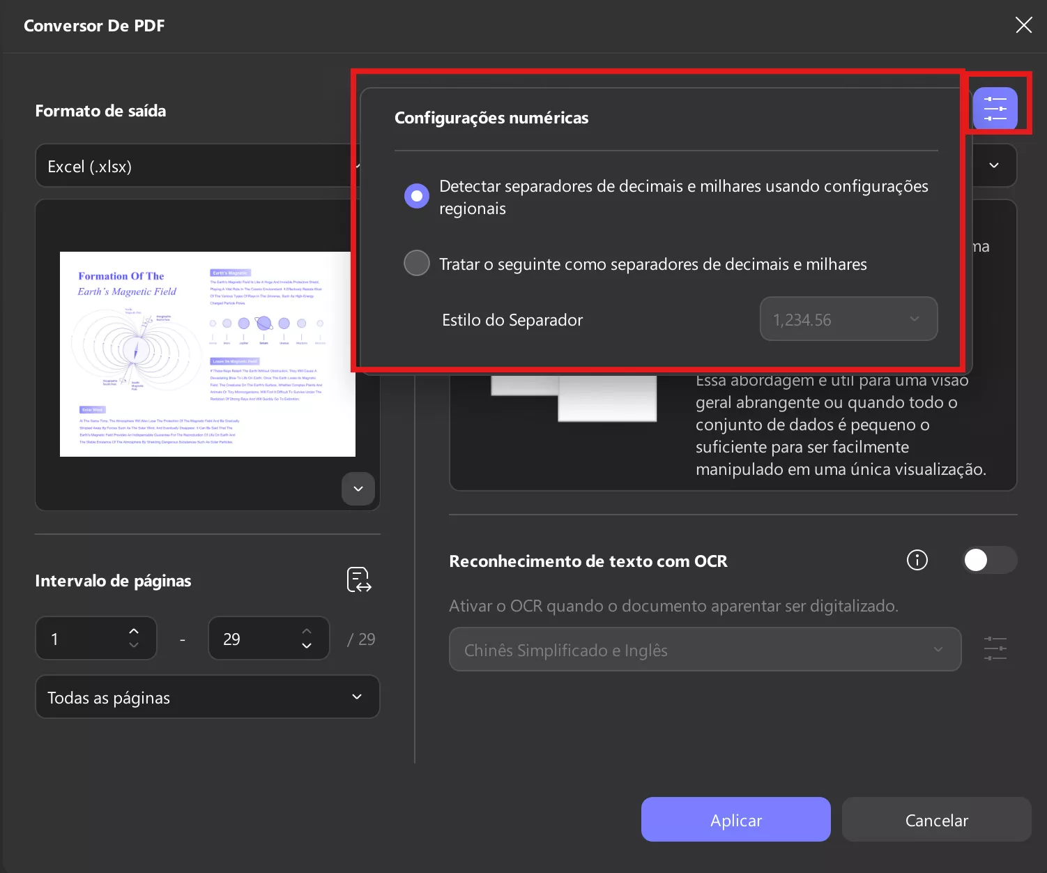 ajustar configurações numéricas para arquivo excel updf windows