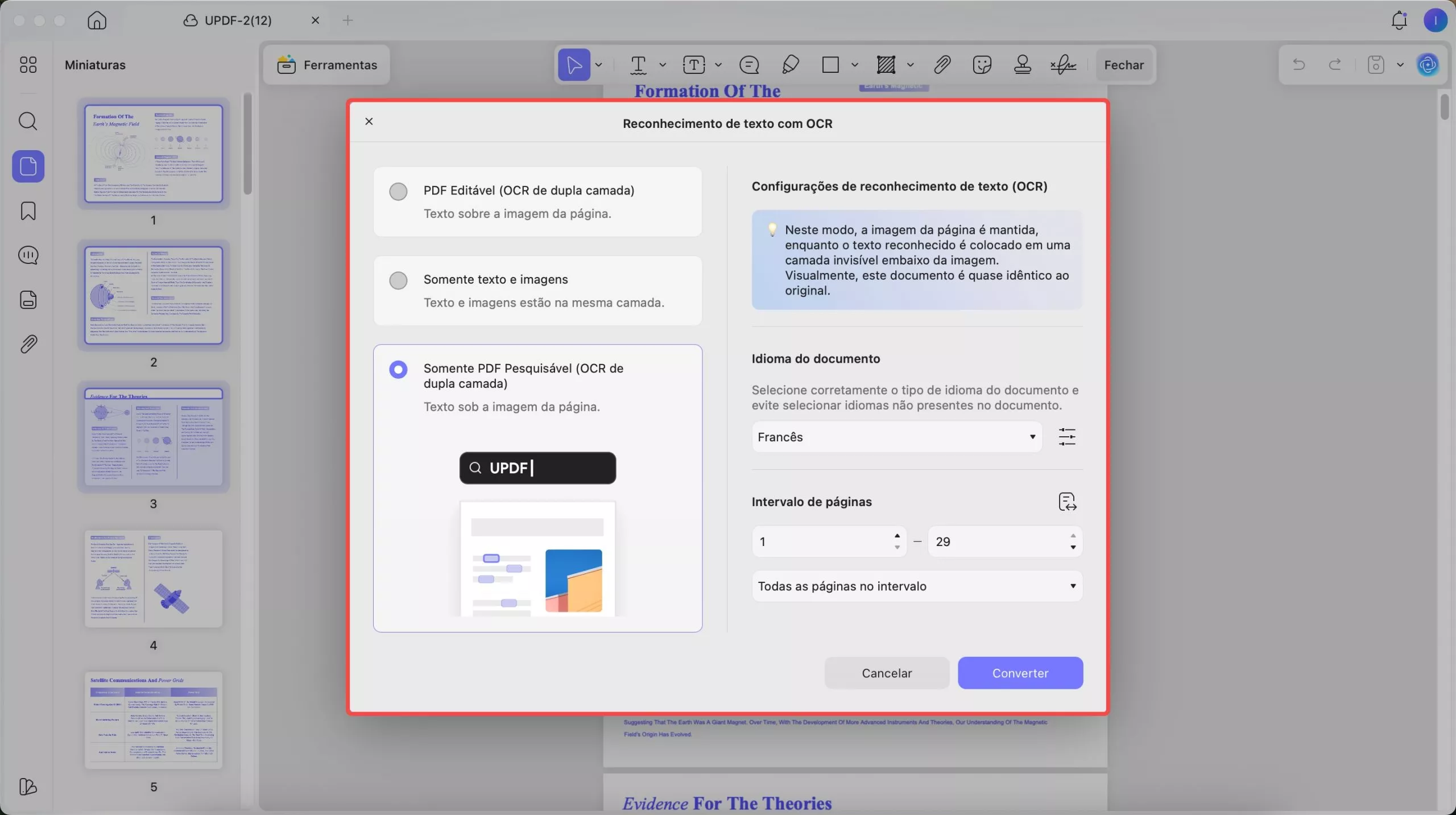 considere usar a função ocr de pdf pesquisável updf mac