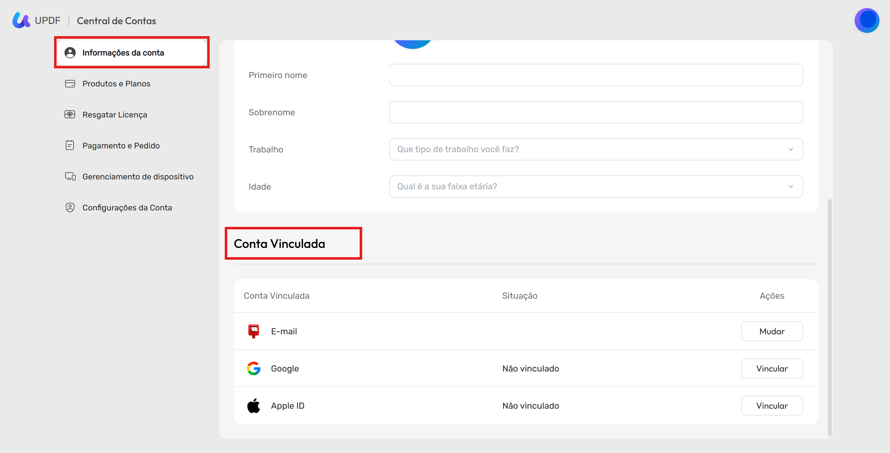 alterar configurações da conta vinculada