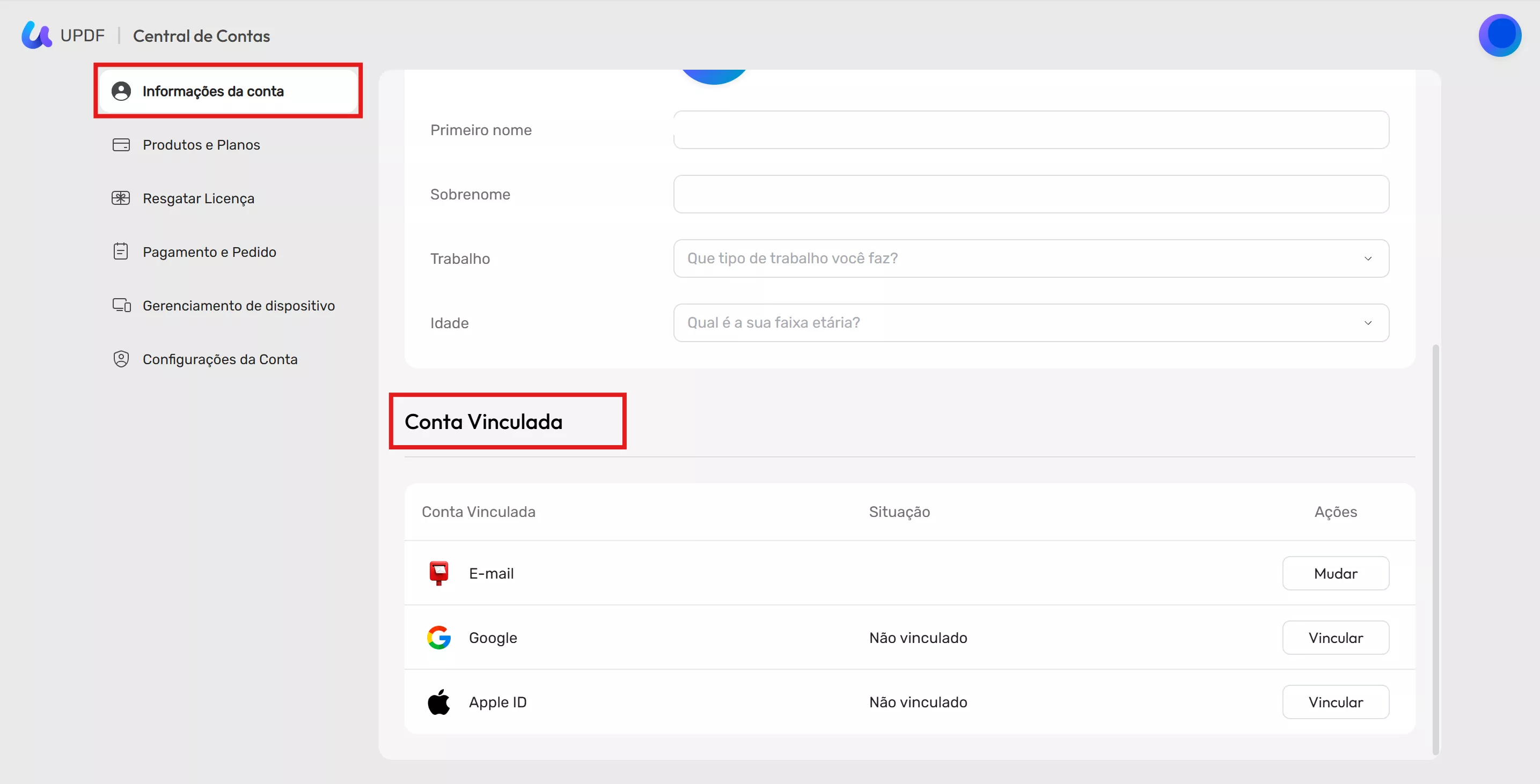 alterar configurações da conta vinculada
