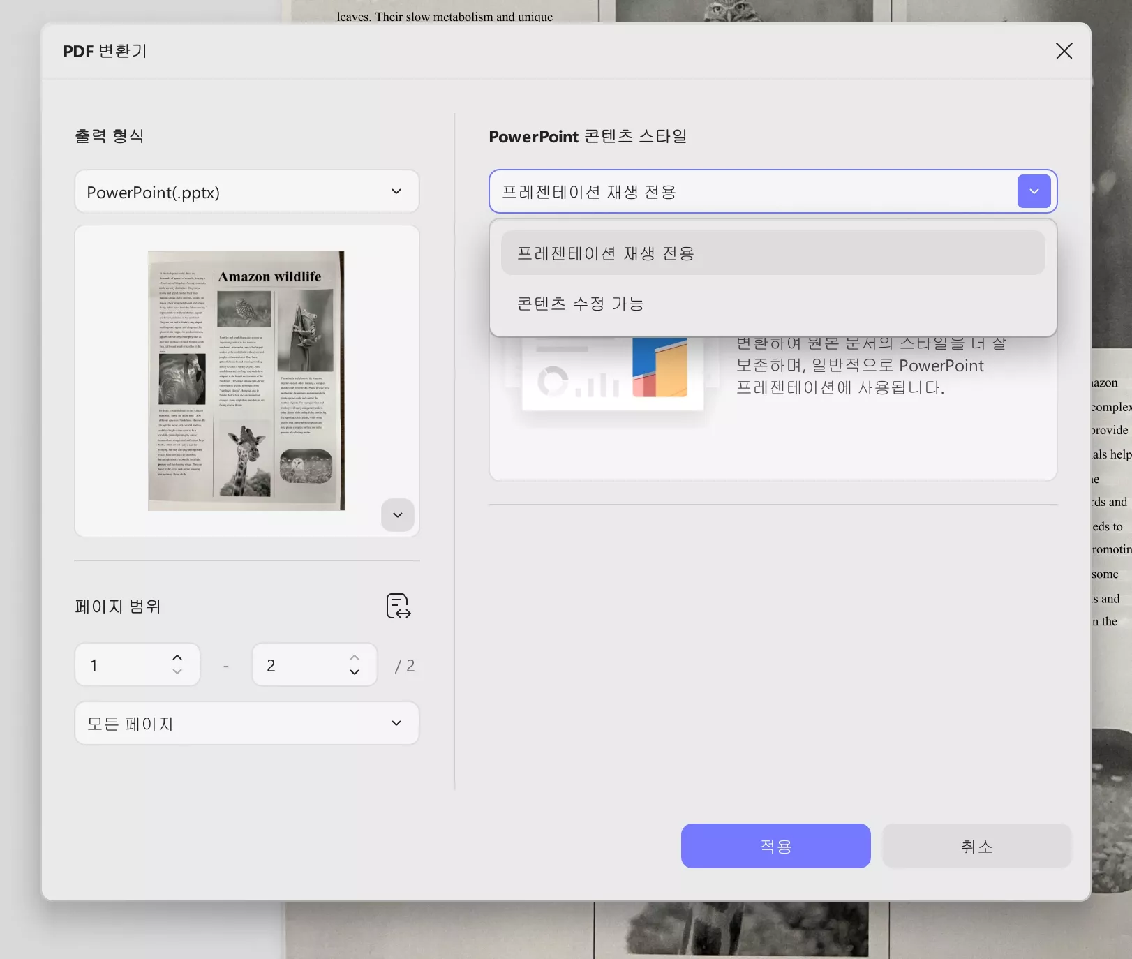 PPT Updf Windows 2에 대한 변환 설정 선택