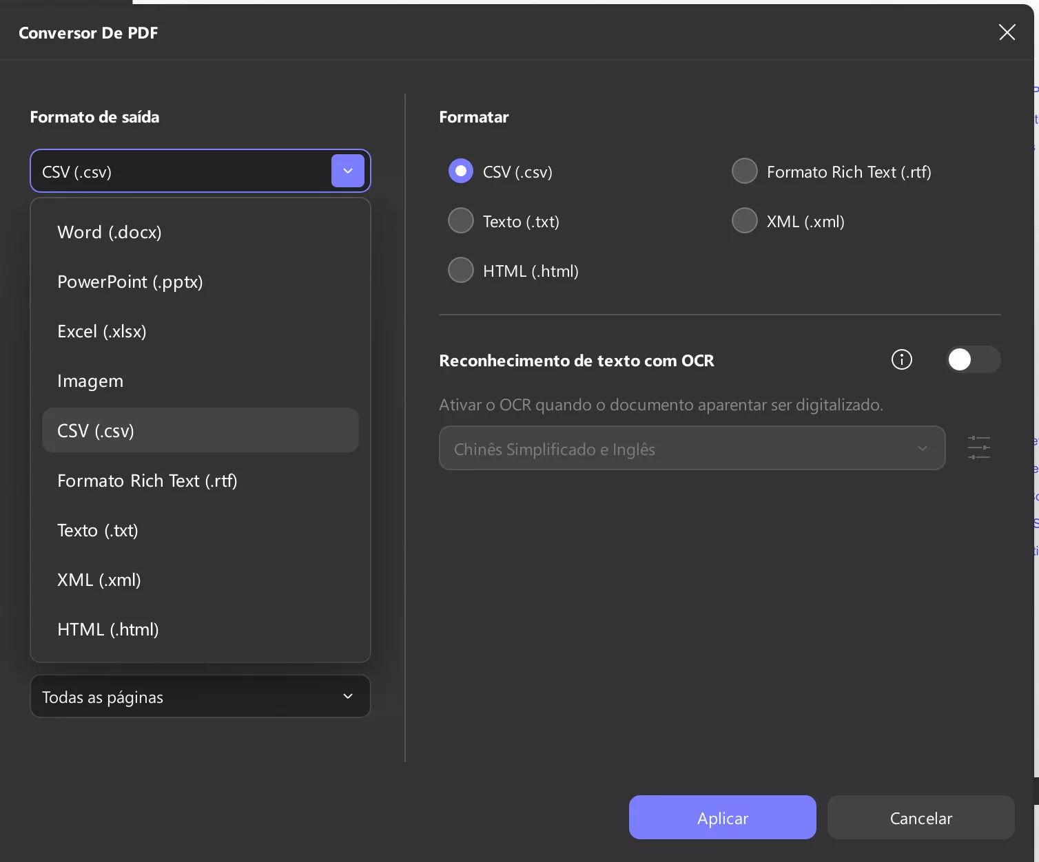 selecione o formato do arquivo e clique em aplicar updf windows