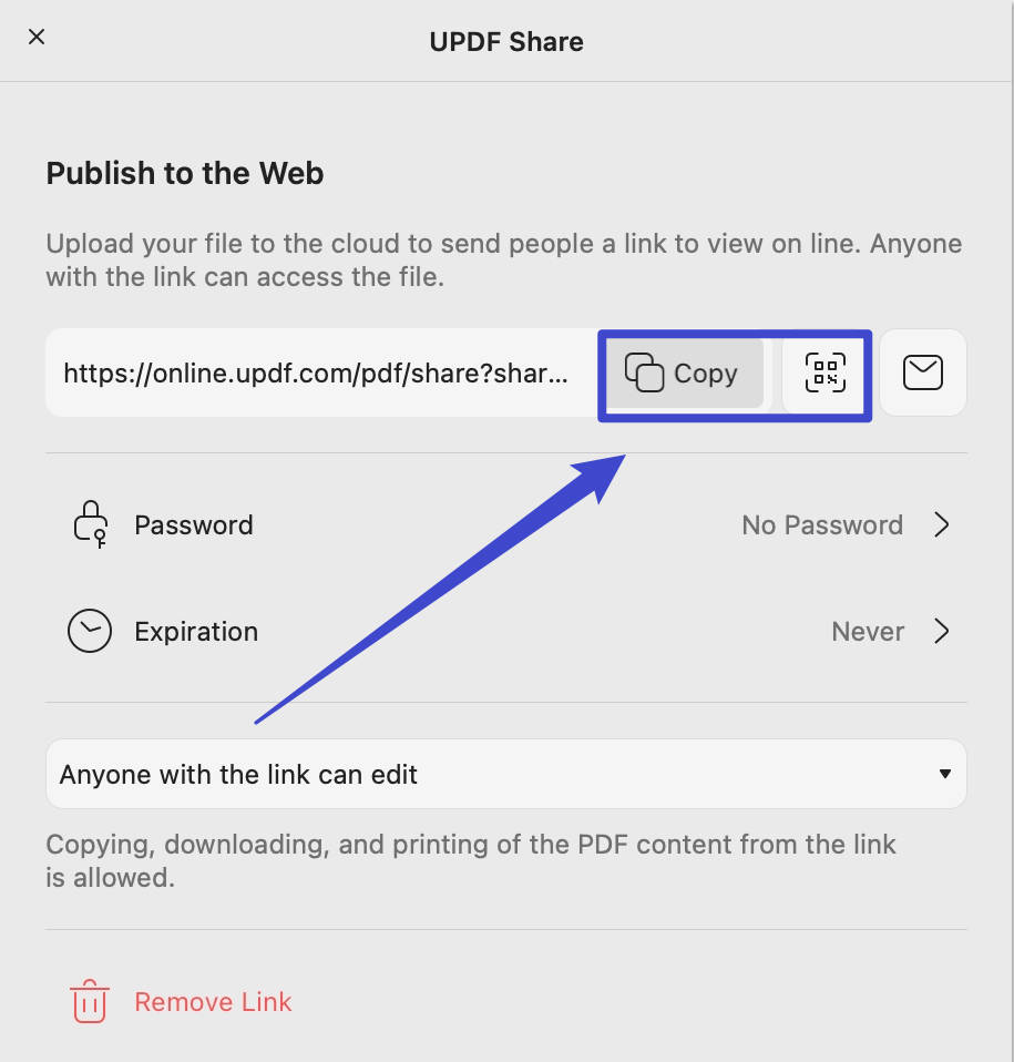 kopieer link of qr-code voor pdf updf mac