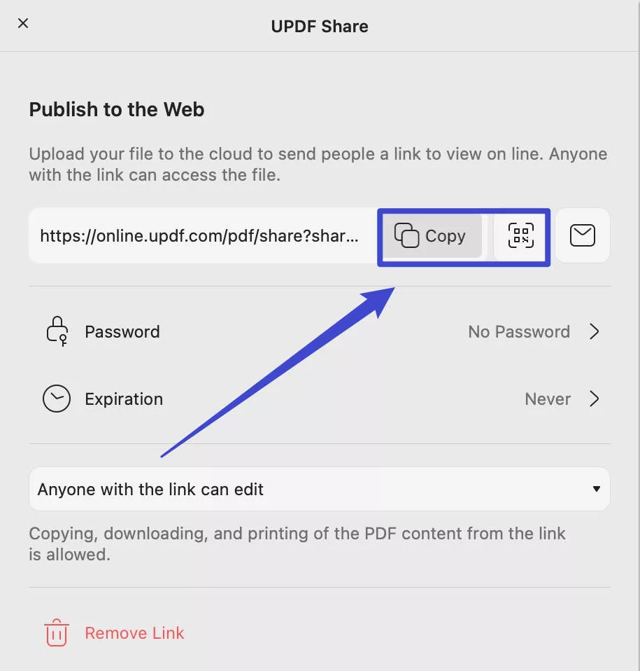zkopírovat odkaz nebo QR kód pro PDF updf mac