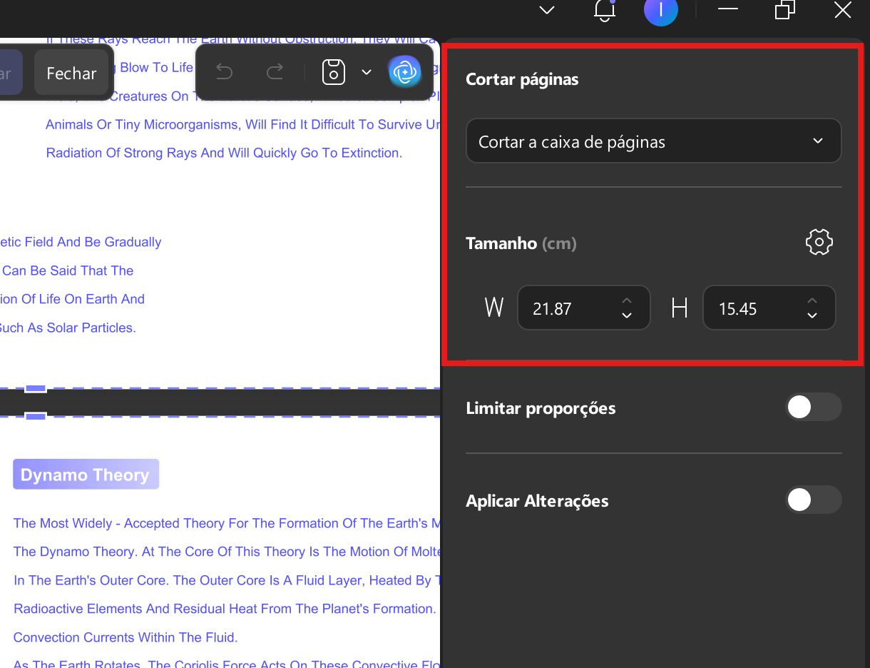 ajustar largura e altura do pdf