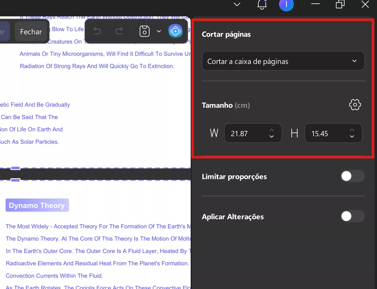 ajustar largura e altura do pdf