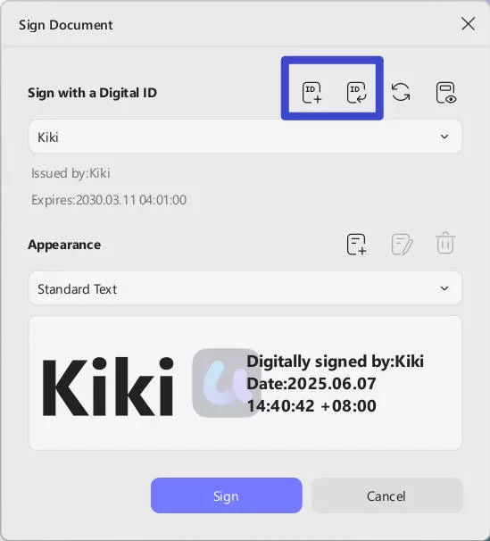 create or import signature in updf
