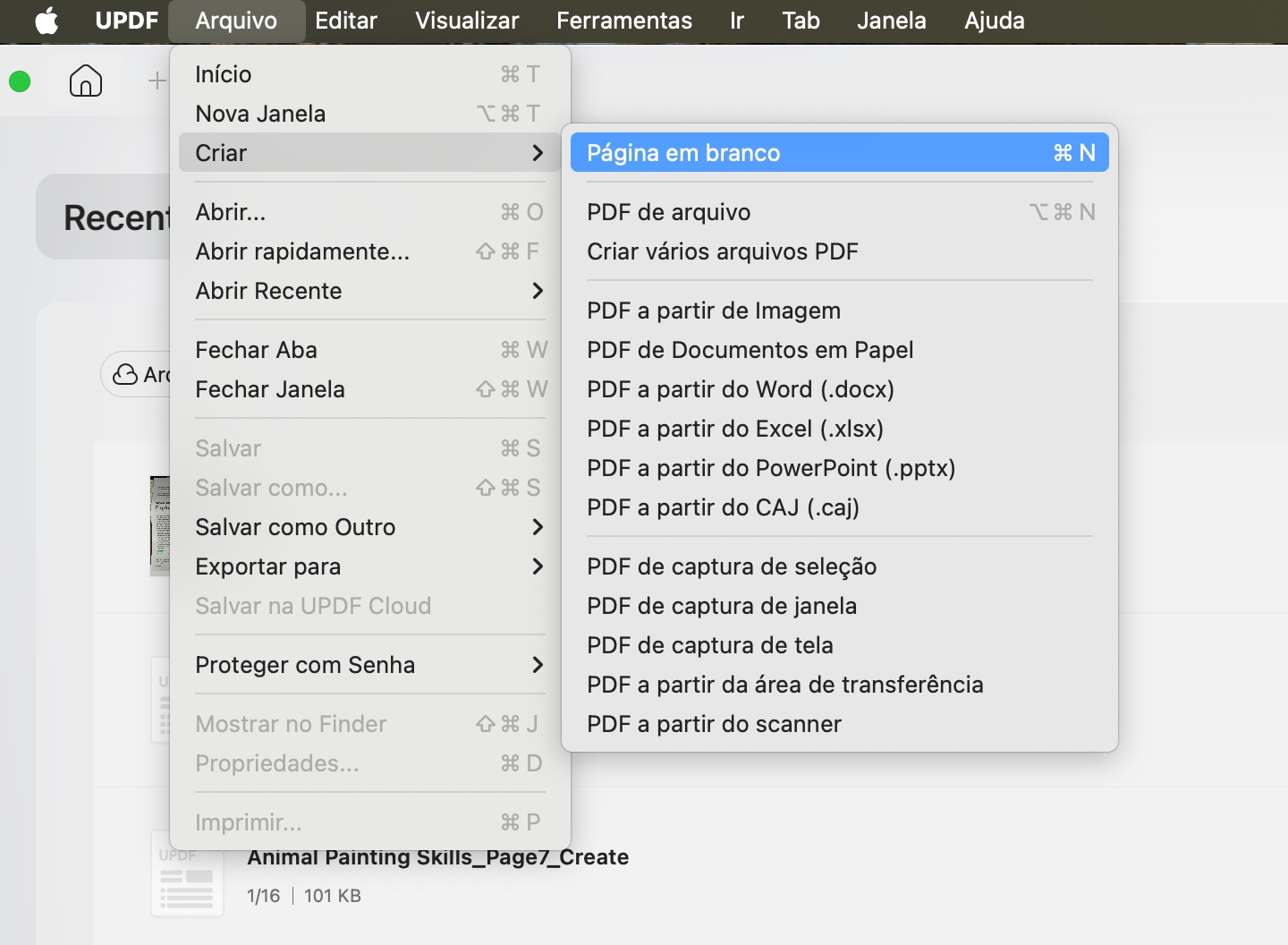 criar pdf a partir de página em branco