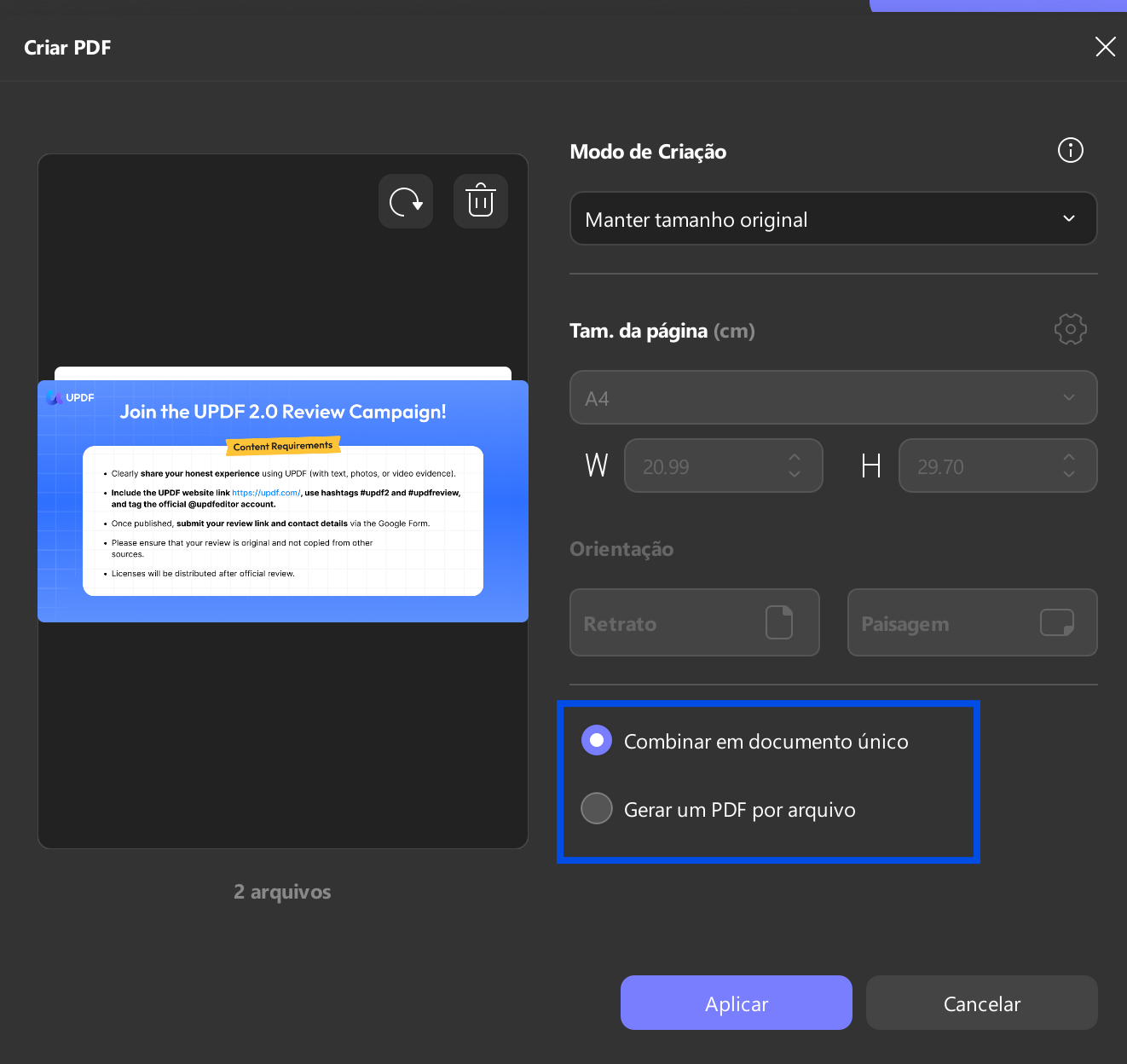 combinar ou gerar pdf por arquivo