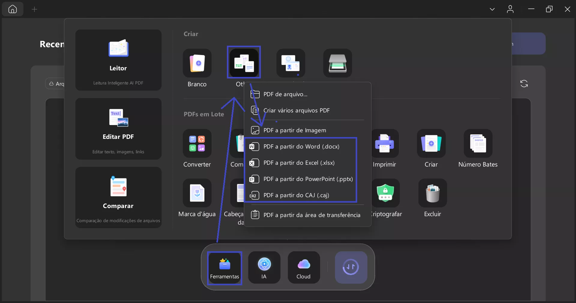 acessar a ferramenta criar pdf a partir de outros