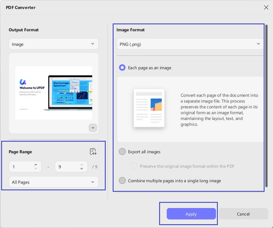 choose image format and page range