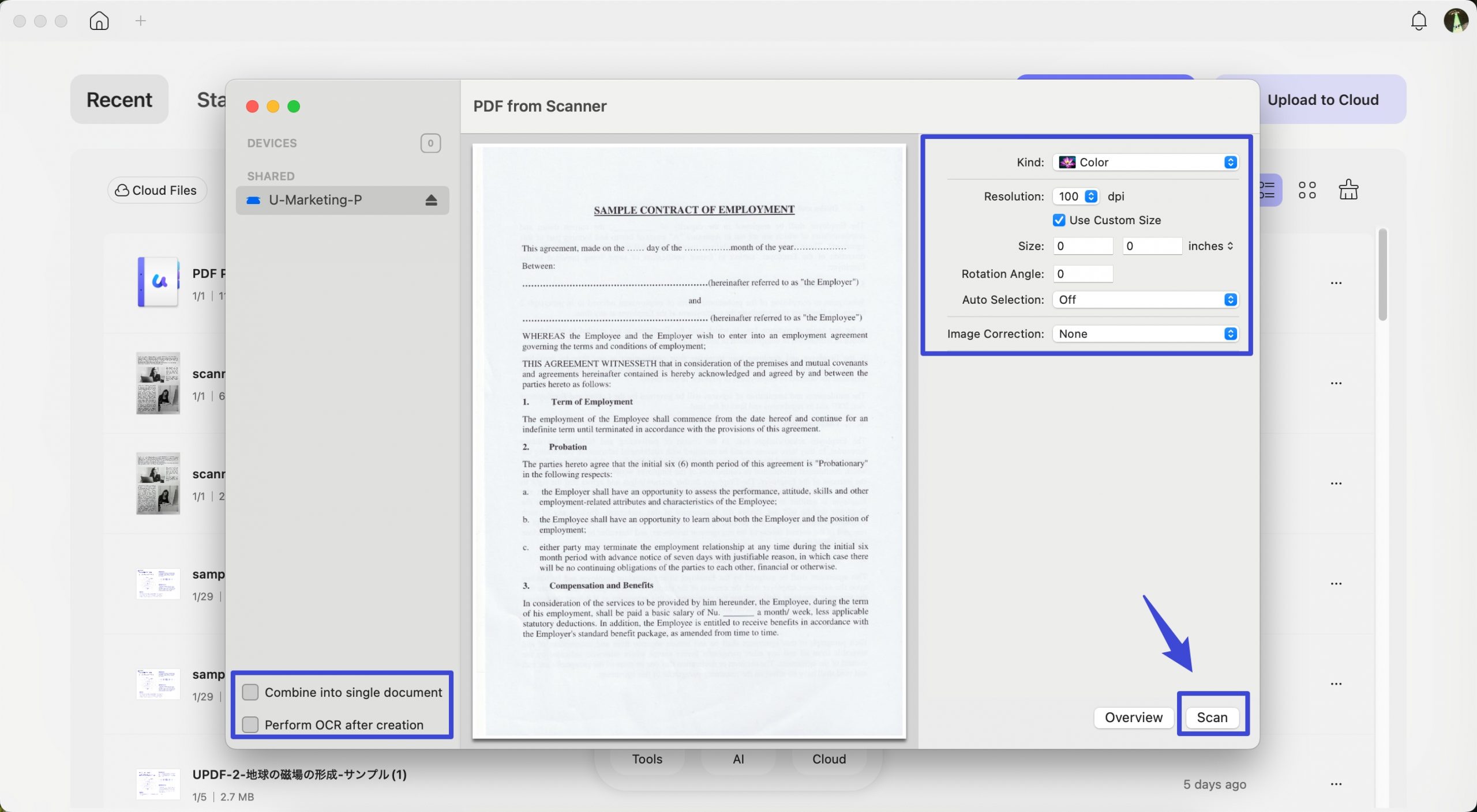 customize the settings on the right panel before scanning